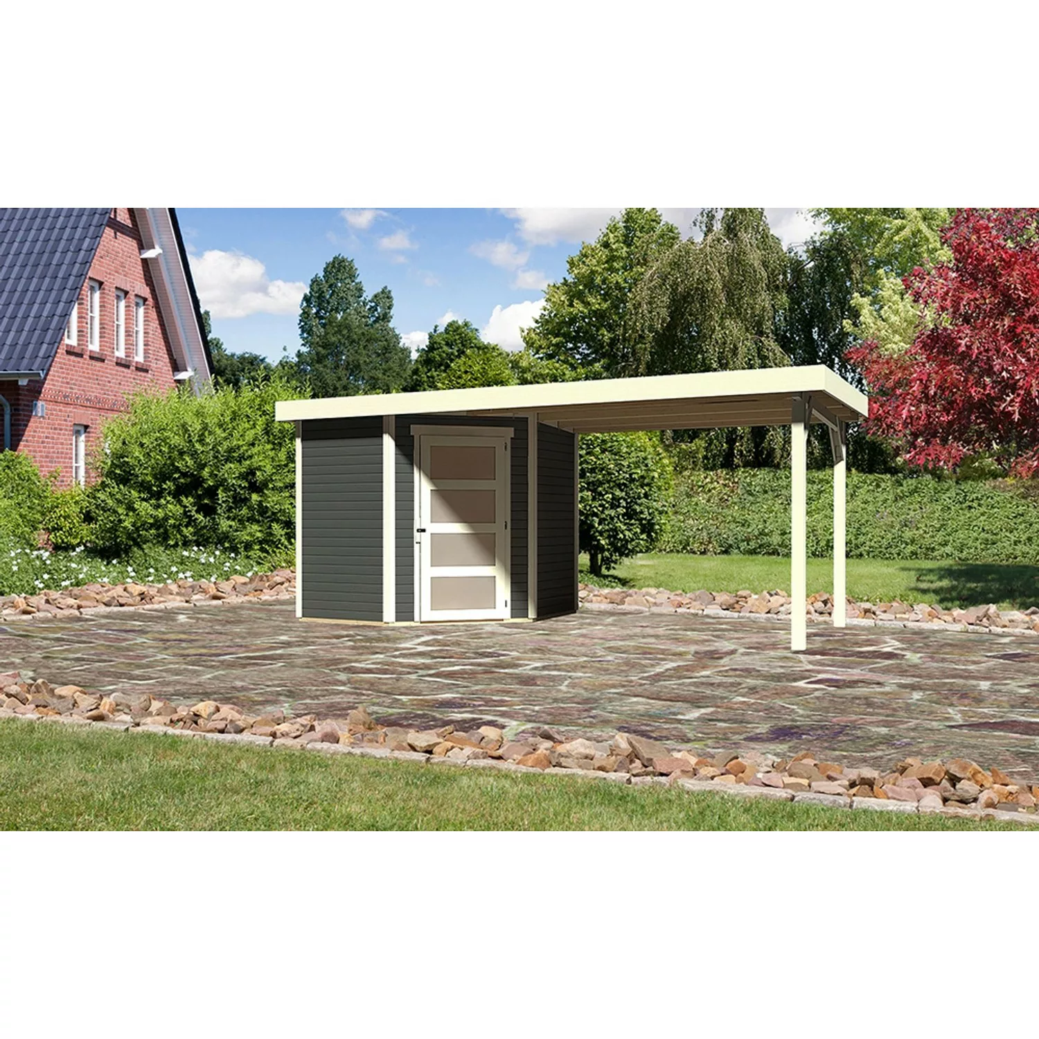 Karibu Holz-Gartenhaus Linköbing Terragrau Flachdach Lackiert 209 cm x 213 günstig online kaufen