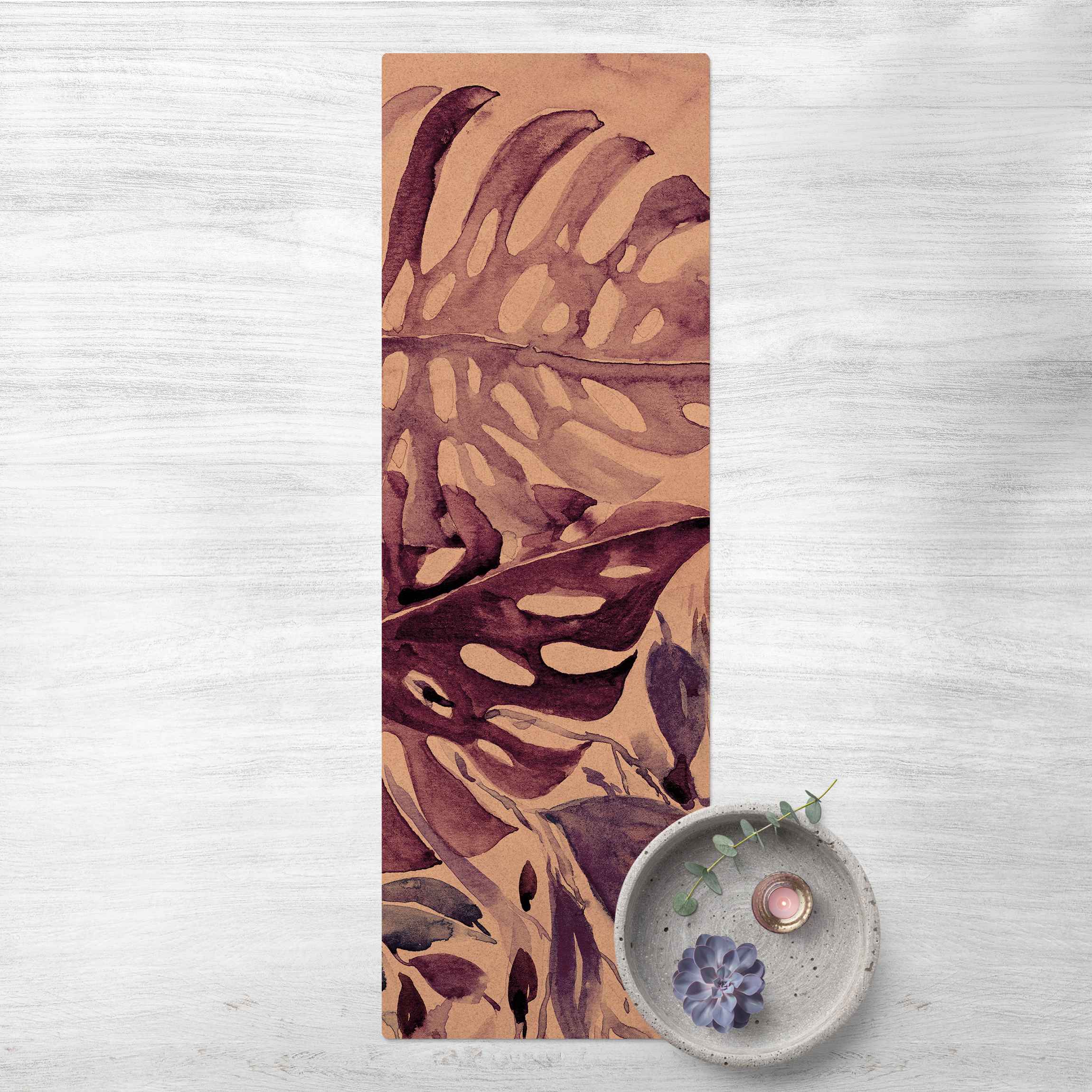 Kork-Teppich Aquarell Tropische Blätter mit Monstera in Aubergine günstig online kaufen