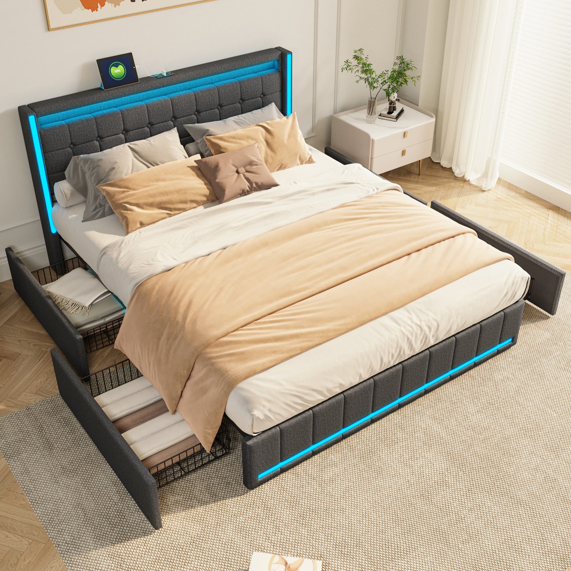 Furnishings Home Polsterbett Stauraumbett Doppelbett LED günstig online kaufen