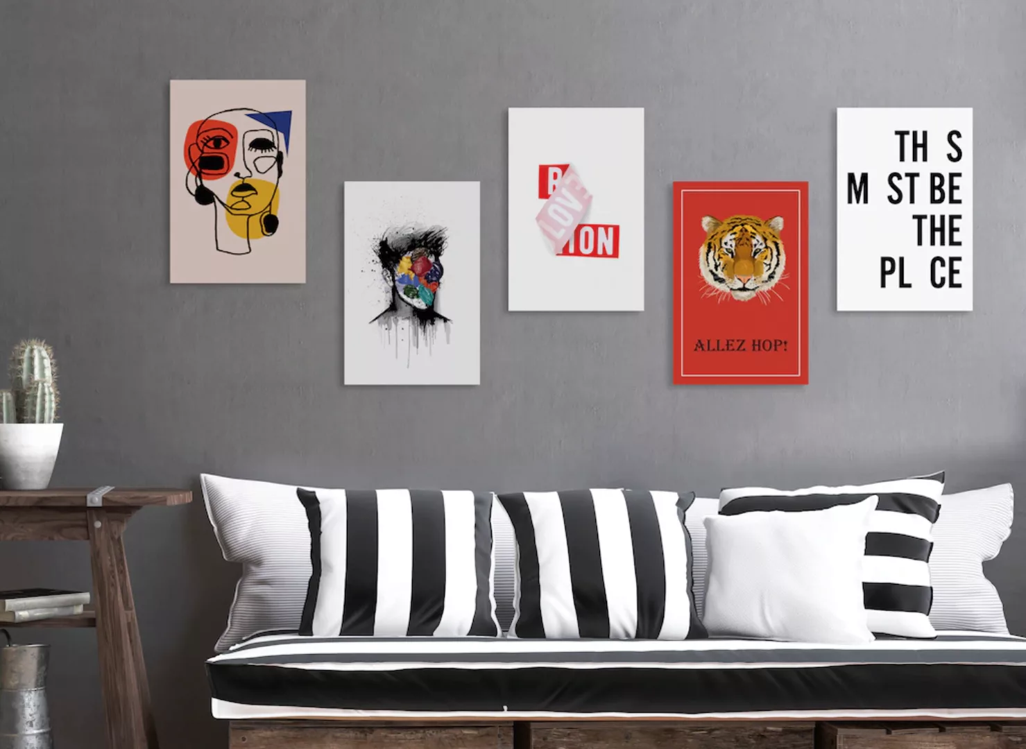 queence Leinwandbild "Tiger ALLEZ HOP", Kunst-Modern-Schriftzug-Tiere-Tiger günstig online kaufen