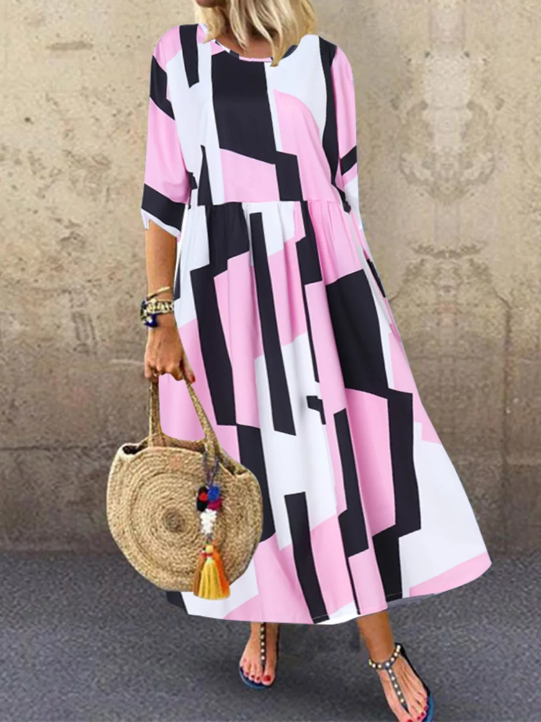 Kontrastfarbe Geometrischer Druck Halbe Hülse Kleid Für Damen günstig online kaufen