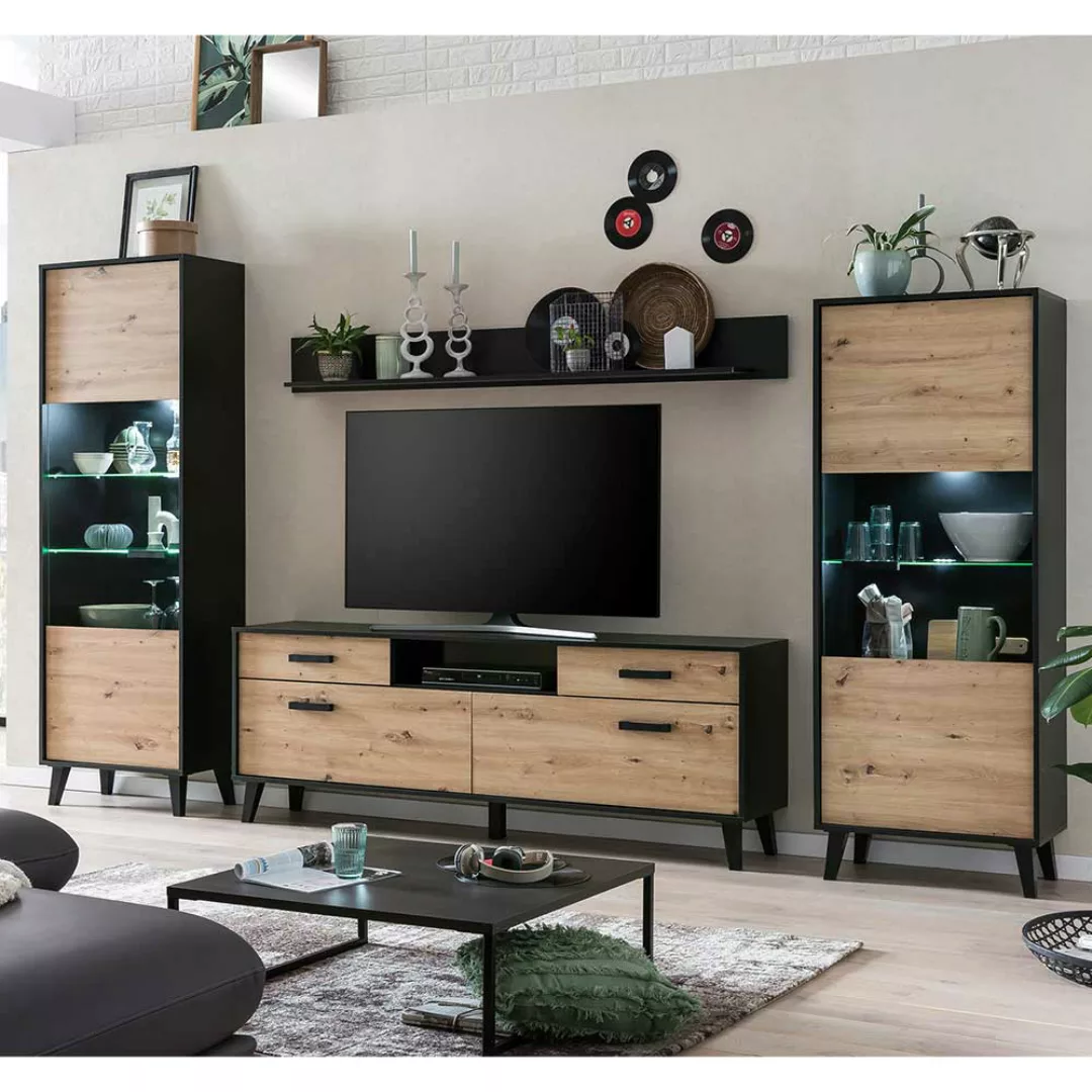 Wohnzimmerwand modern in Wildeichefarben Schwarz (vierteilig) günstig online kaufen