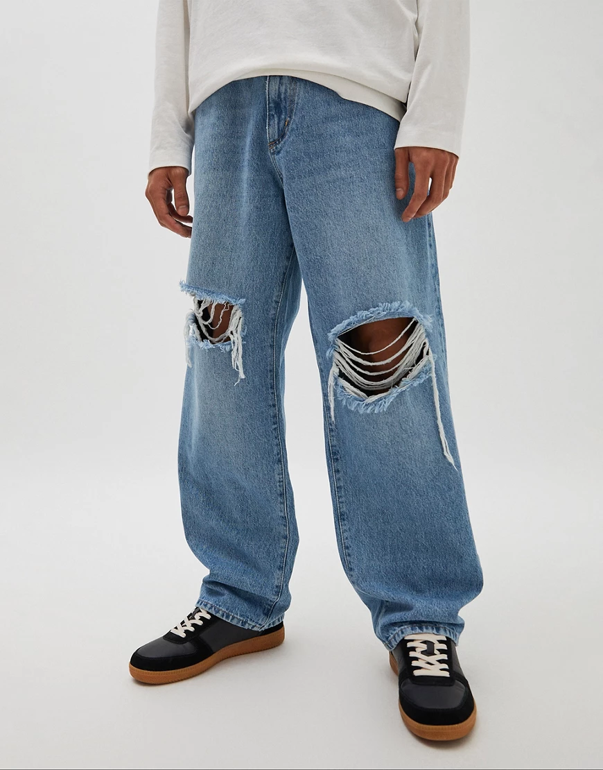 Pull&Bear – Baggy-Jeans im 90er-Stil mit Zierrissen in Blau günstig online kaufen