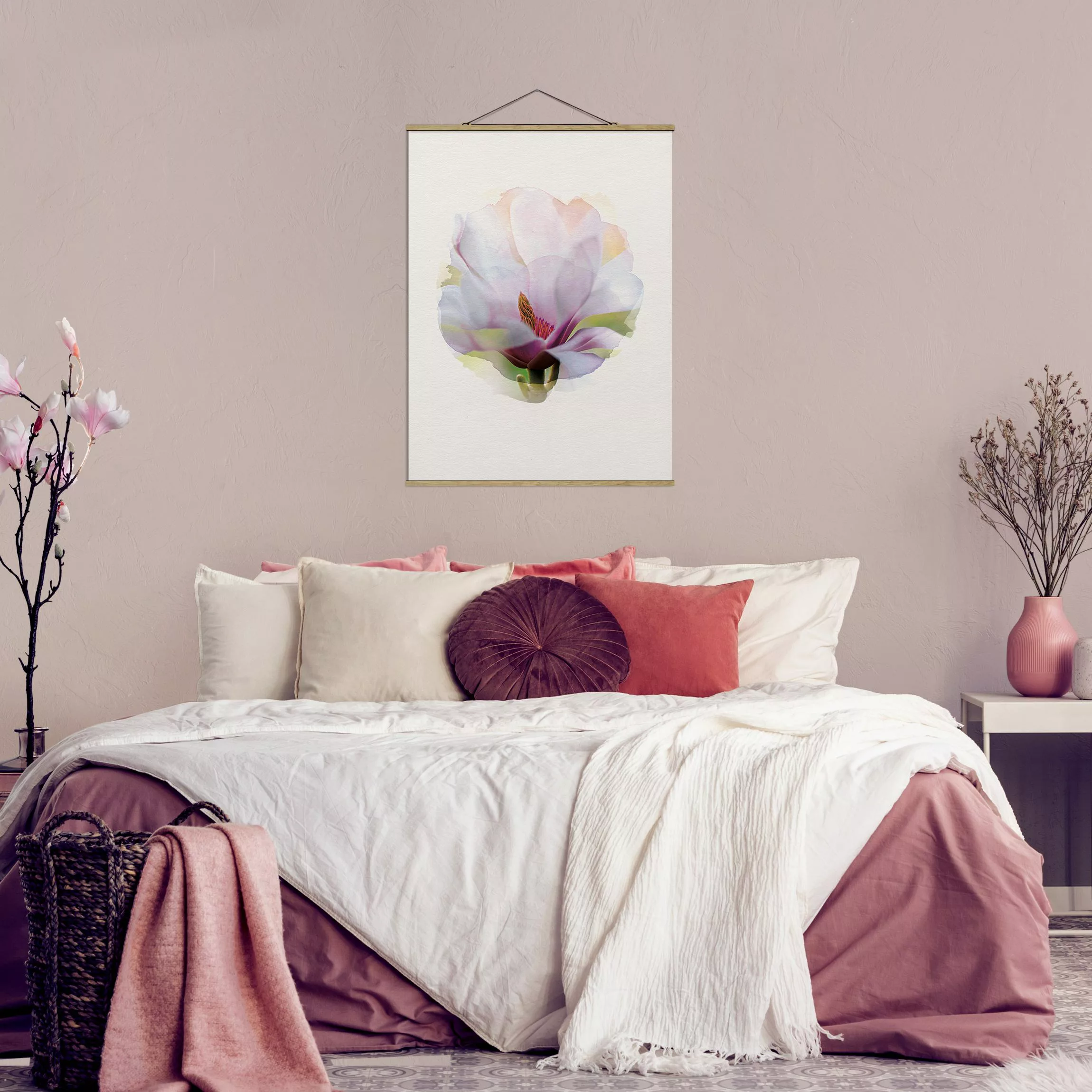 Stoffbild Blumen mit Posterleisten - Hochformat Wasserfarben - Zarte Magnol günstig online kaufen