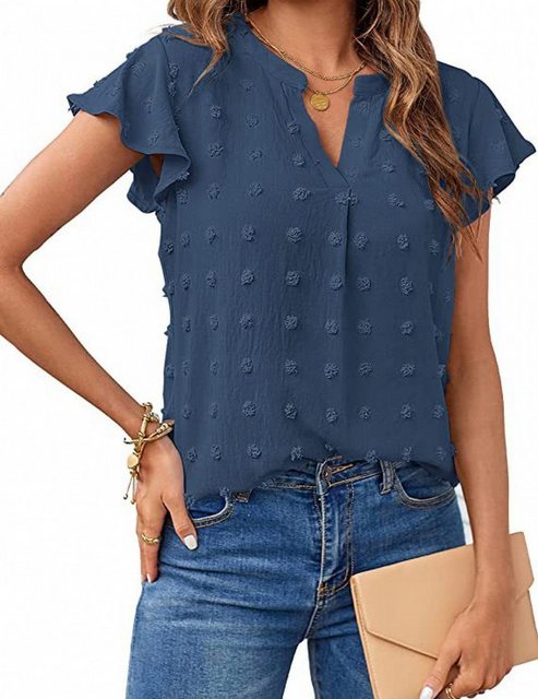 KIKI T-Shirt Sommer Damen Top V-Ausschnitt Kurzarm – Rüschenbluse günstig online kaufen