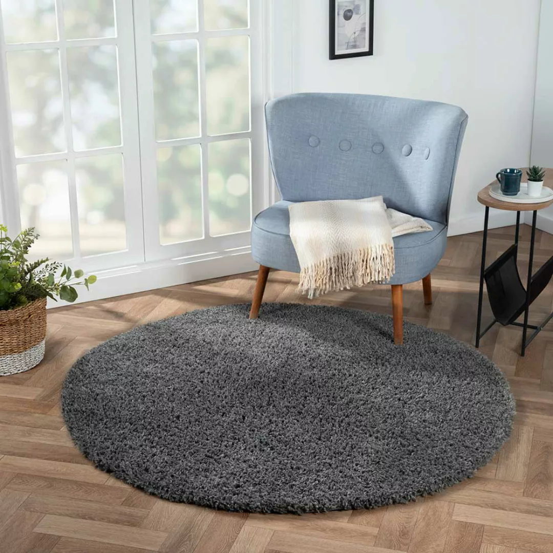 Runder Shaggy Teppich Grau 150 cm Durchmesser modernem Design günstig online kaufen