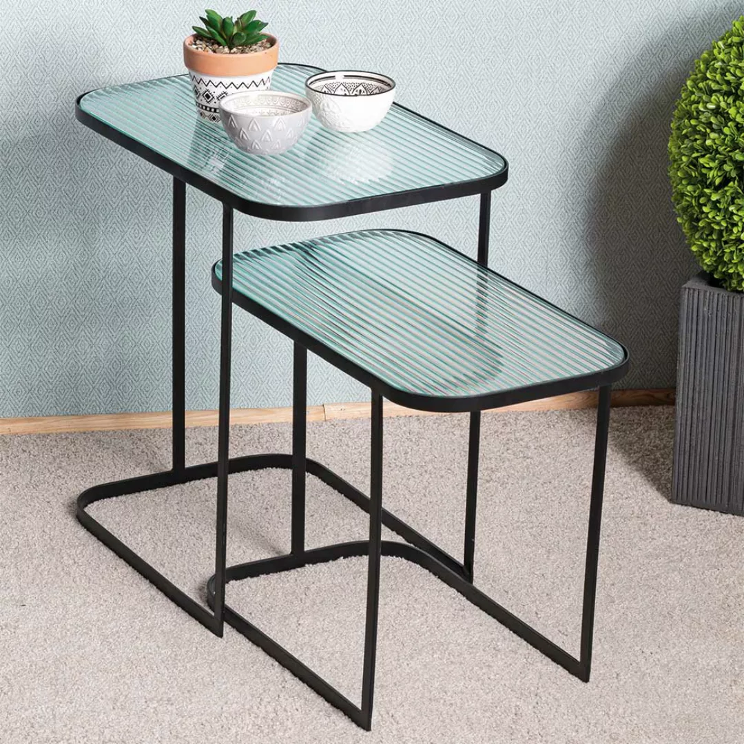 Beistelltisch Set Sofa mit Strukturglasplatte Riffelglas Bügelgestell (zwei günstig online kaufen