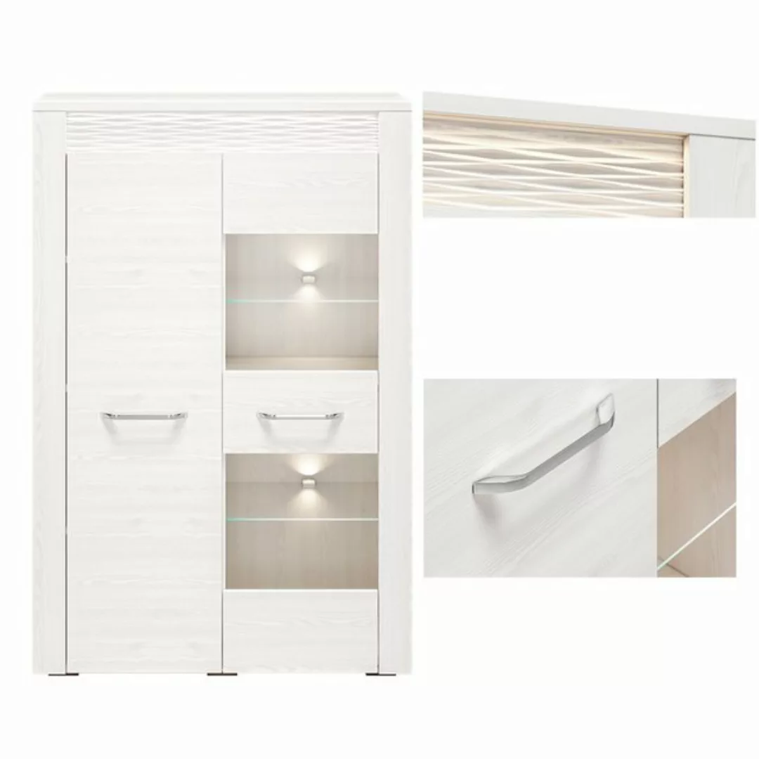 Lomadox Vitrinenschrank Highboard CORDOBA-131 in Schnee Kiefer Nb., B/H/T: günstig online kaufen