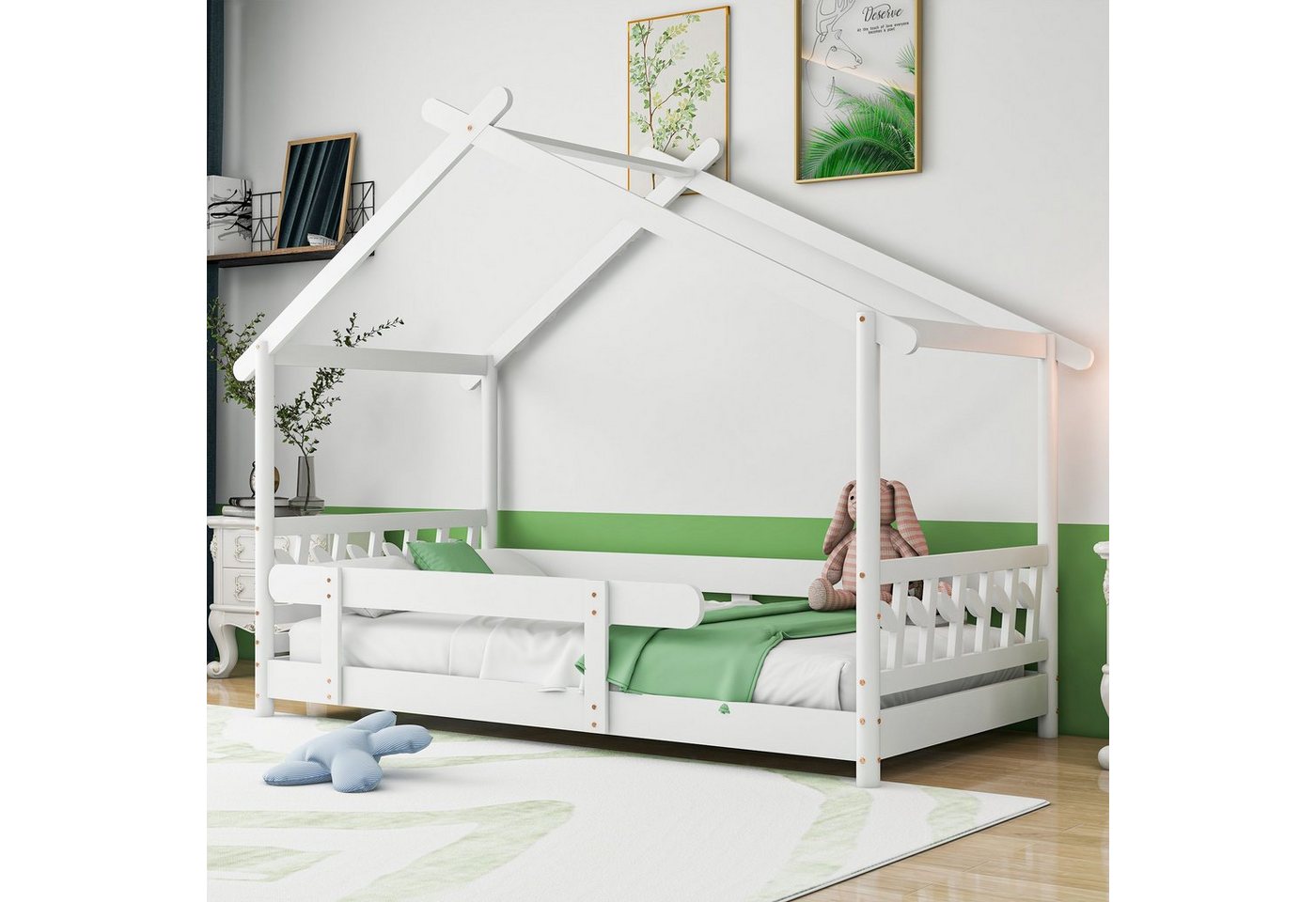 Celya Hausbett Massivholz mit Gitter und Lattenrost, Kinderbett Mit Rausfal günstig online kaufen
