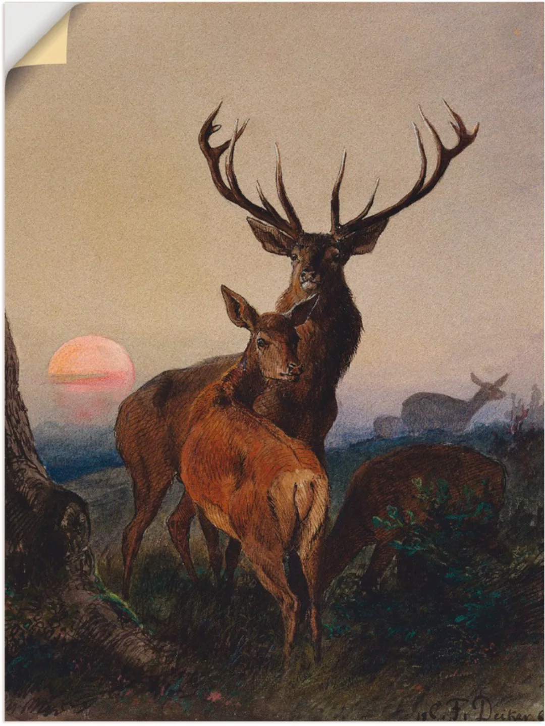 Artland Wandbild »Hirsch und ein Reh bei Sonnenuntergang«, Wildtiere, (1 St günstig online kaufen