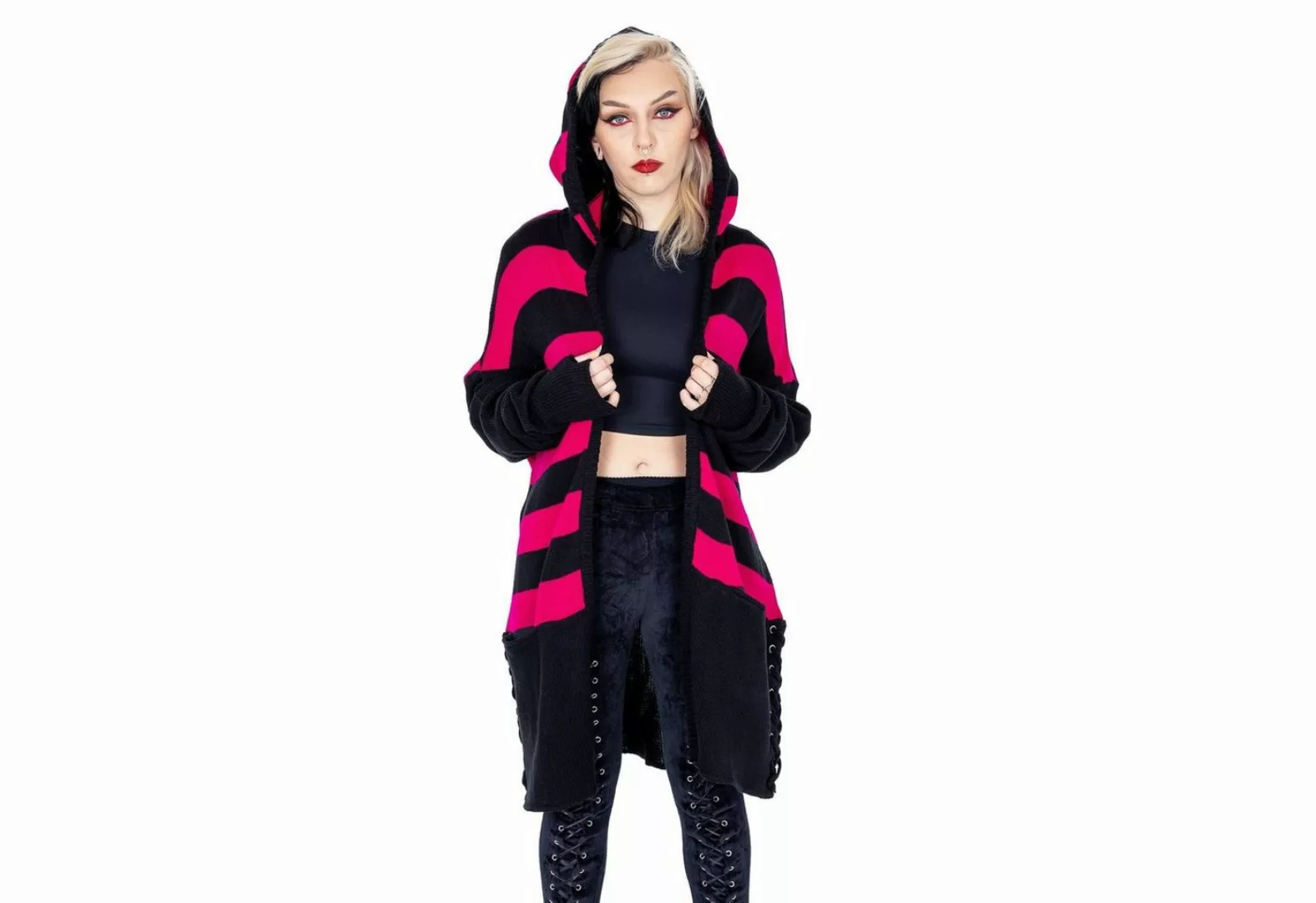 Heartless Strickjacke Willa Cardigan Pink Schwarz Gestreift Grunge Punk Str günstig online kaufen