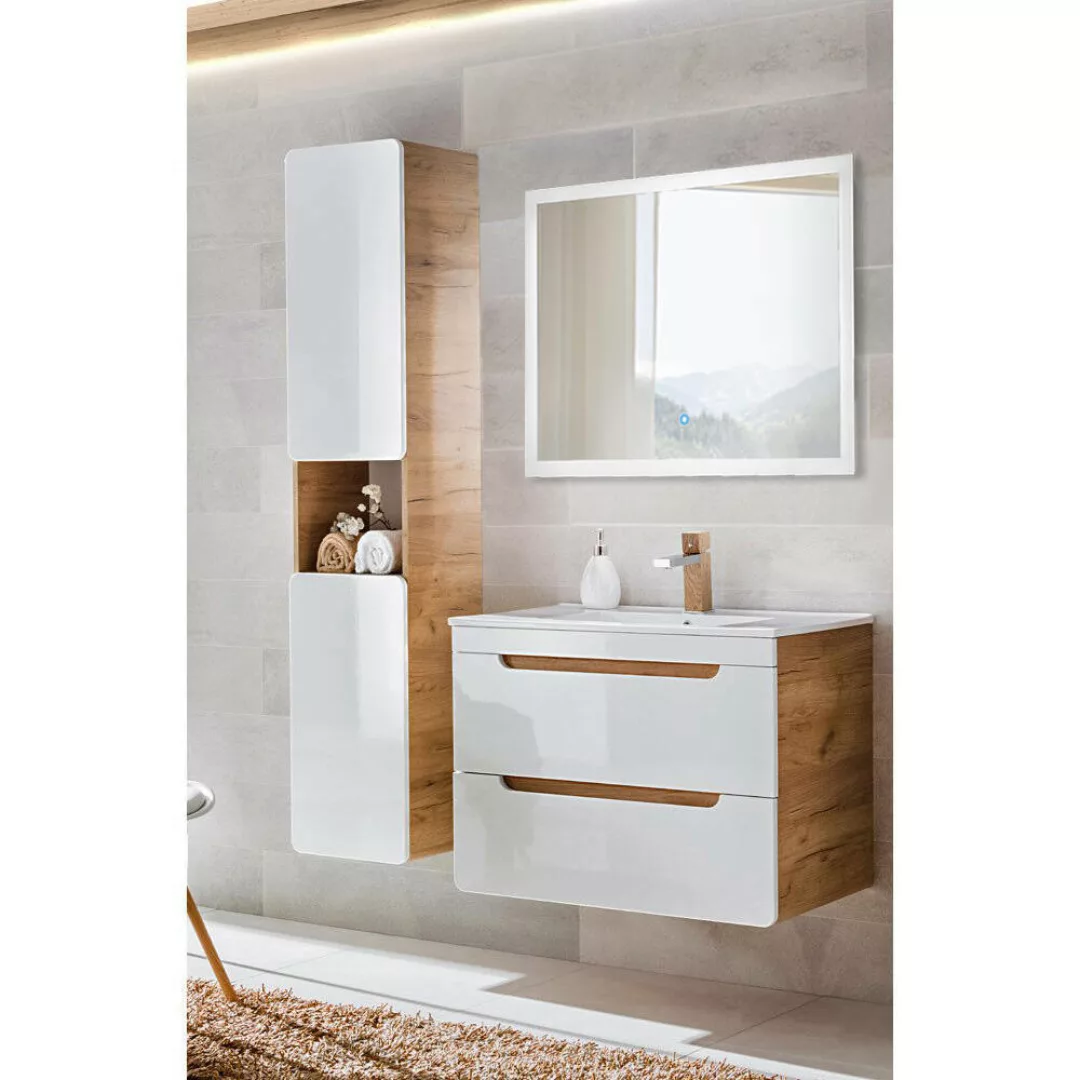 Badezimmer Set 3-tlg mit LED-Spiegel LUTON-56 in Hochglanz weiß mit Wotan E günstig online kaufen