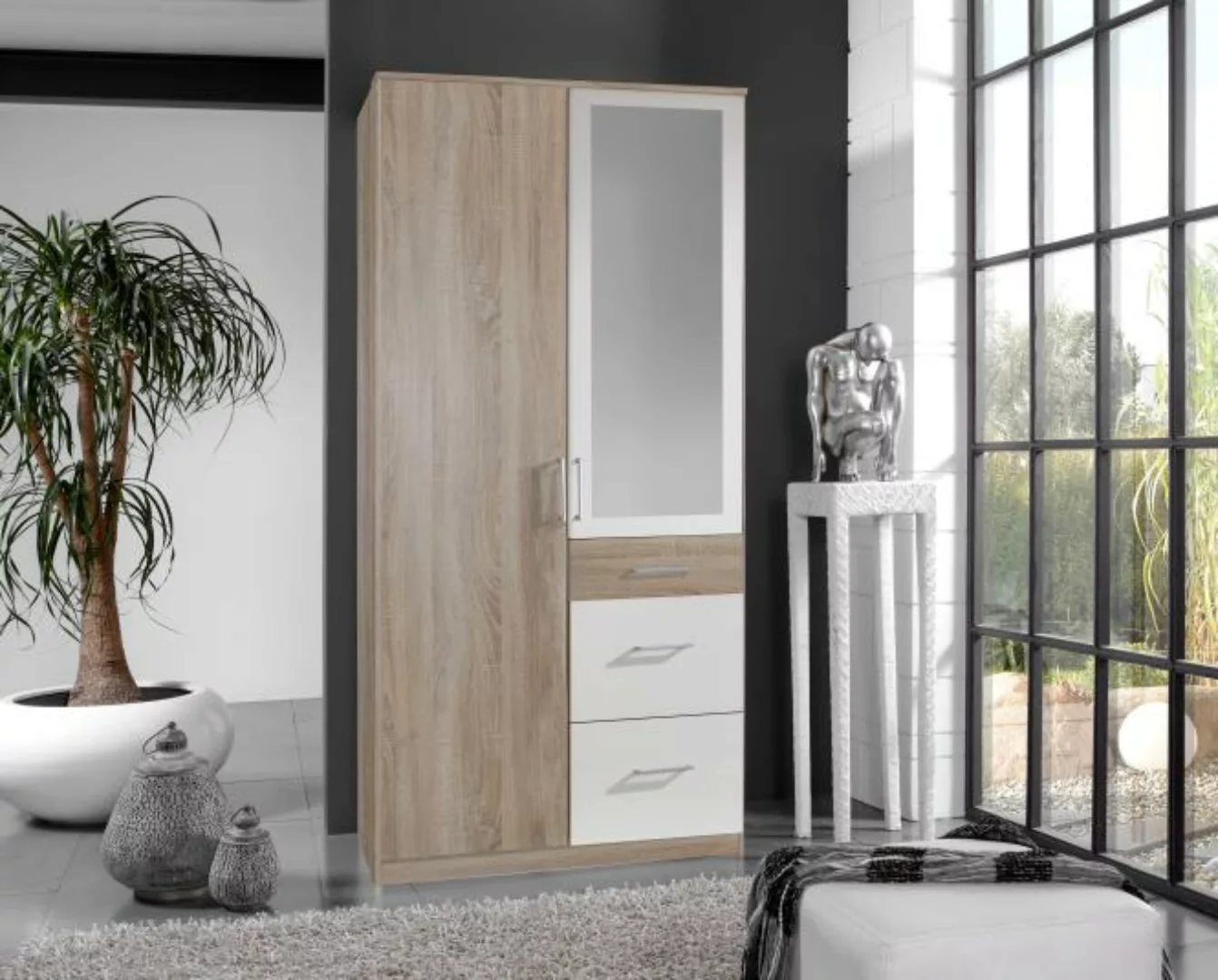 Kleiderschrank klein mit Spiegel 91 cm breit Braun / Weiß CLICK günstig online kaufen