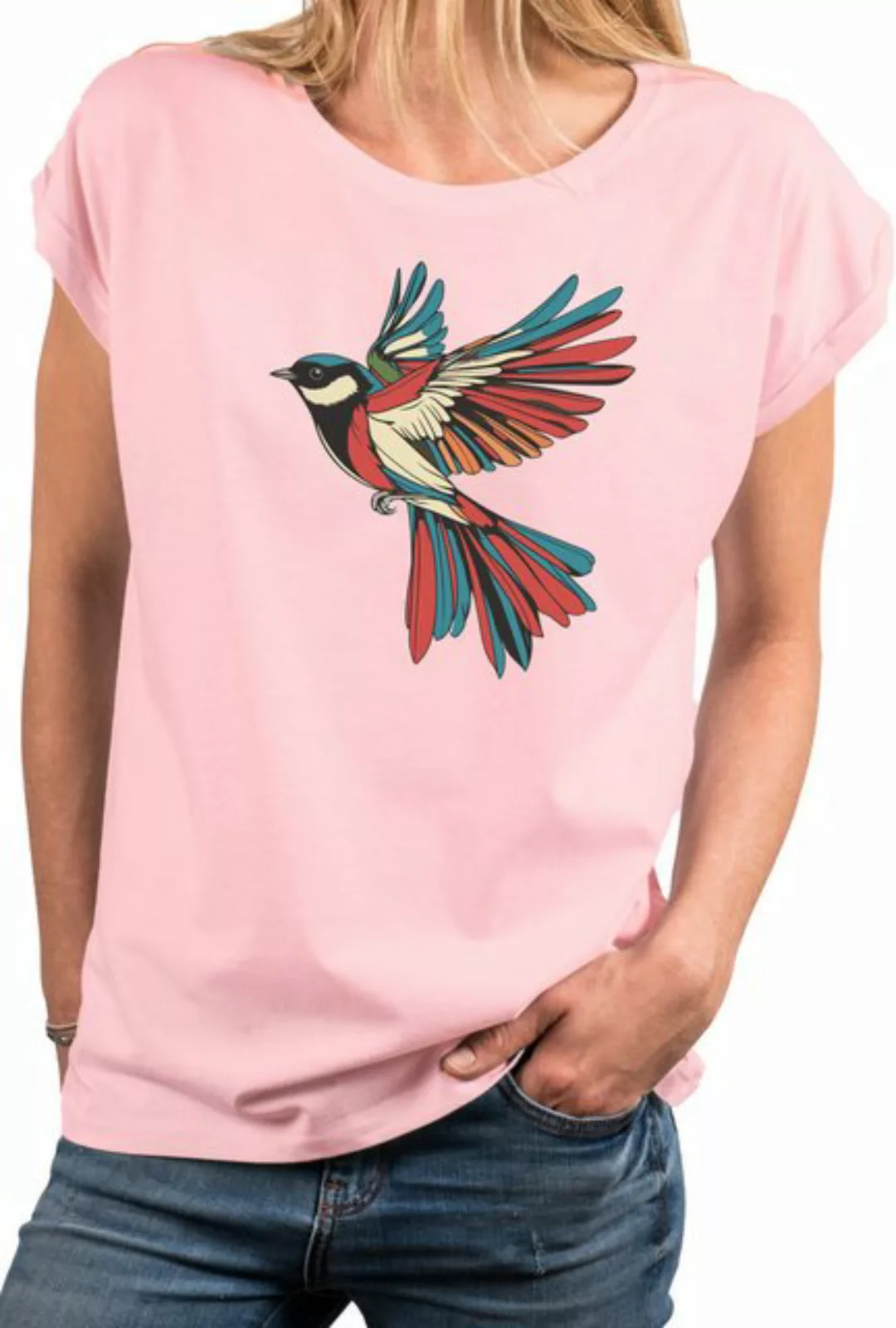 MAKAYA Kurzarmshirt für Frauen mit Vogel Print Vogelmotiv Maise Bunt Kolibr günstig online kaufen