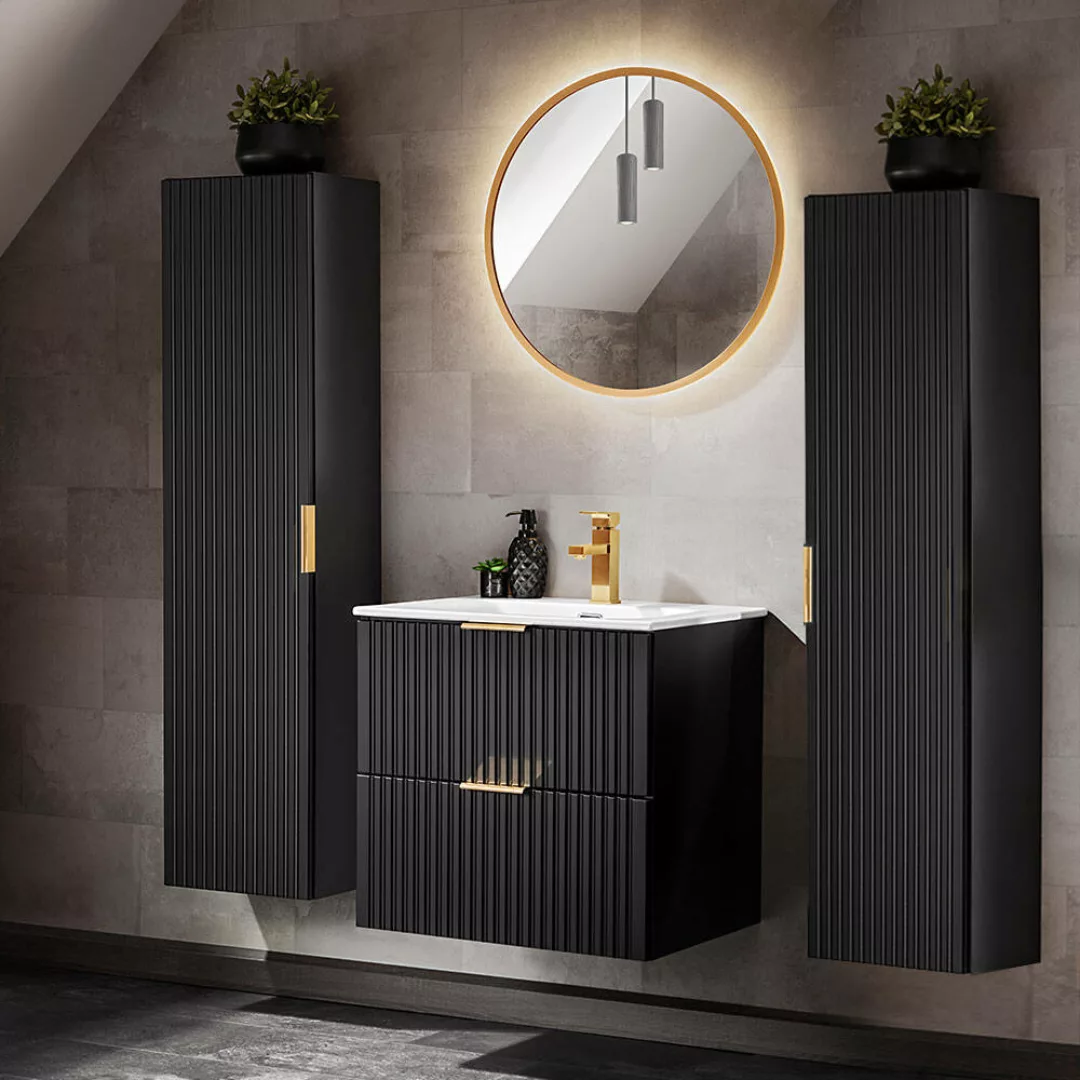 Badezimmer Möbel Set, 60cm Waschtisch mit Keramik Waschbecken, 2 Hochschrän günstig online kaufen
