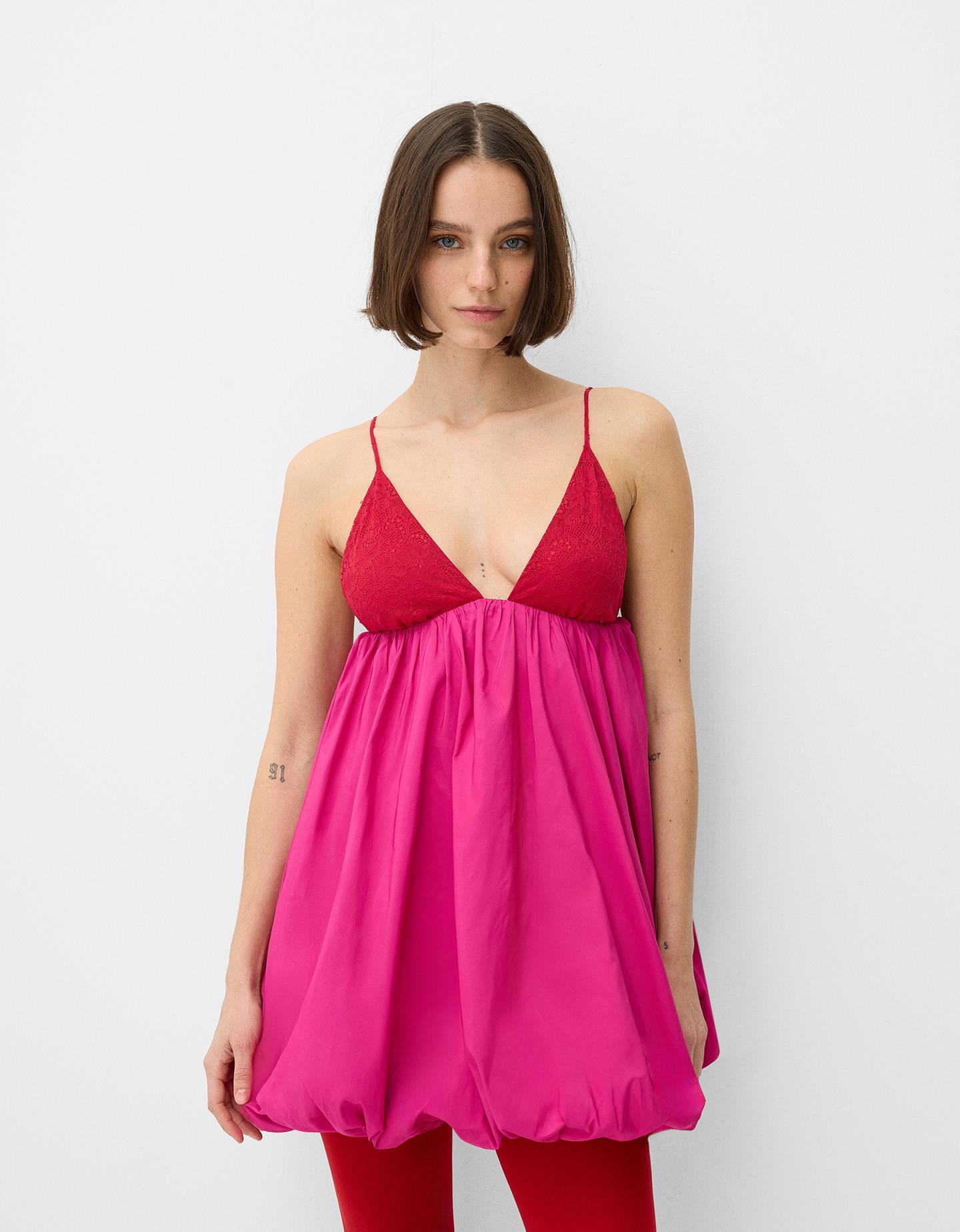 Bershka Minikleid Im Ballonärmel-Stil Mit Trägern Damen M Fuchsia günstig online kaufen