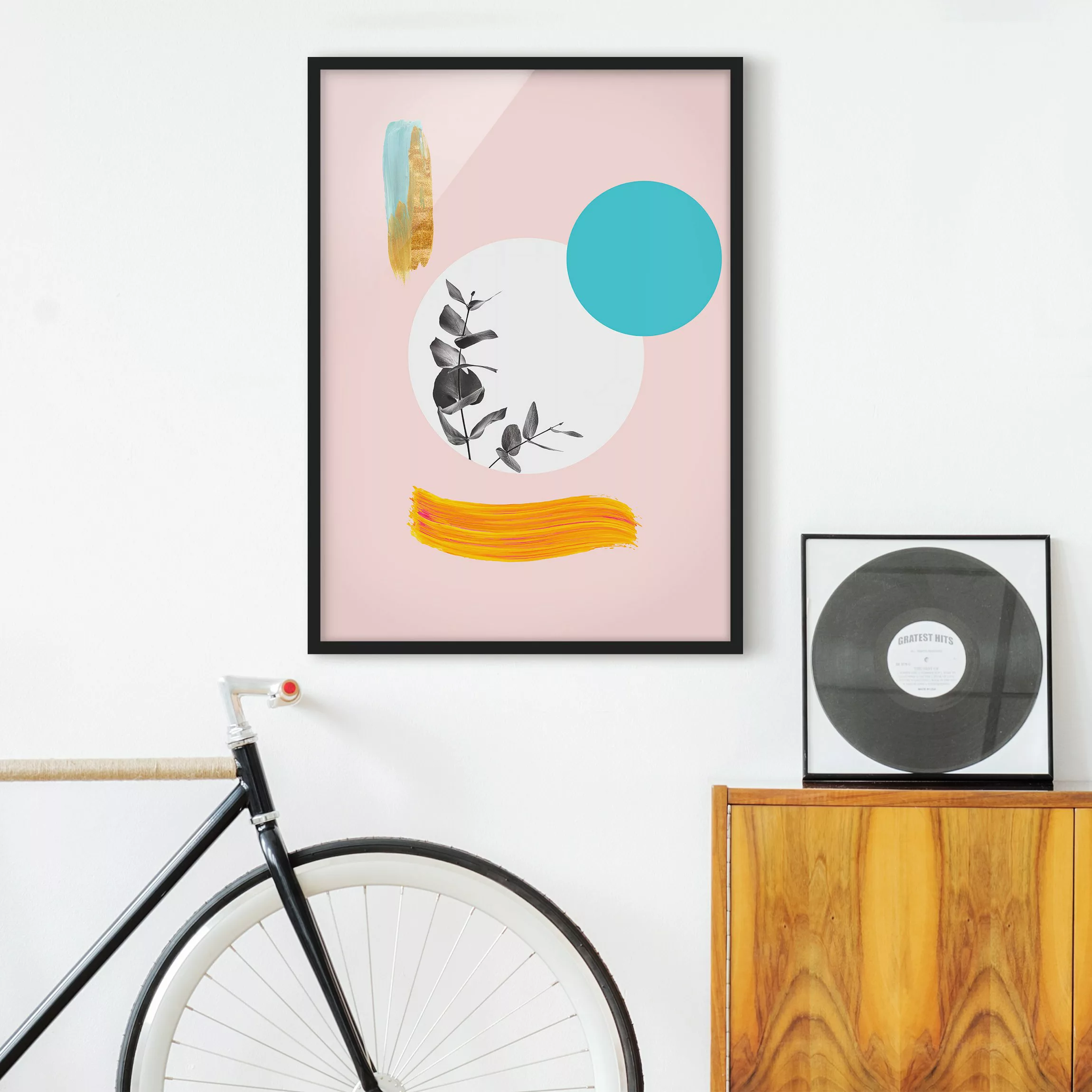 Bild mit Rahmen Abstraktes Pastell mit Blätter und Punkten günstig online kaufen