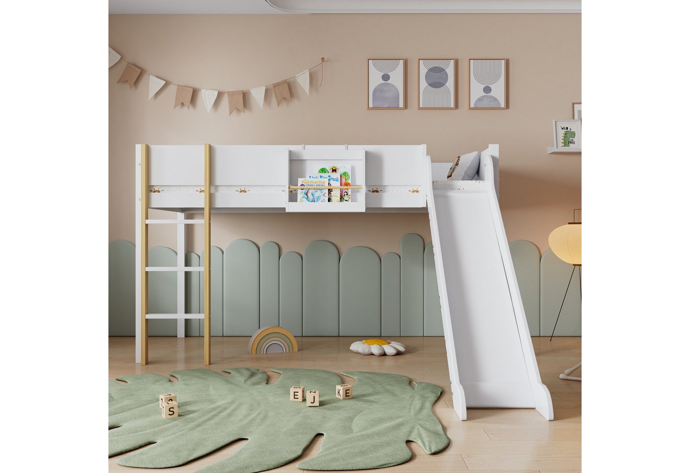 HAUSS SPLOE Kinderbett Hochbett 90x200cm mit Leiter, Rutsche, Regal, Weiß N günstig online kaufen