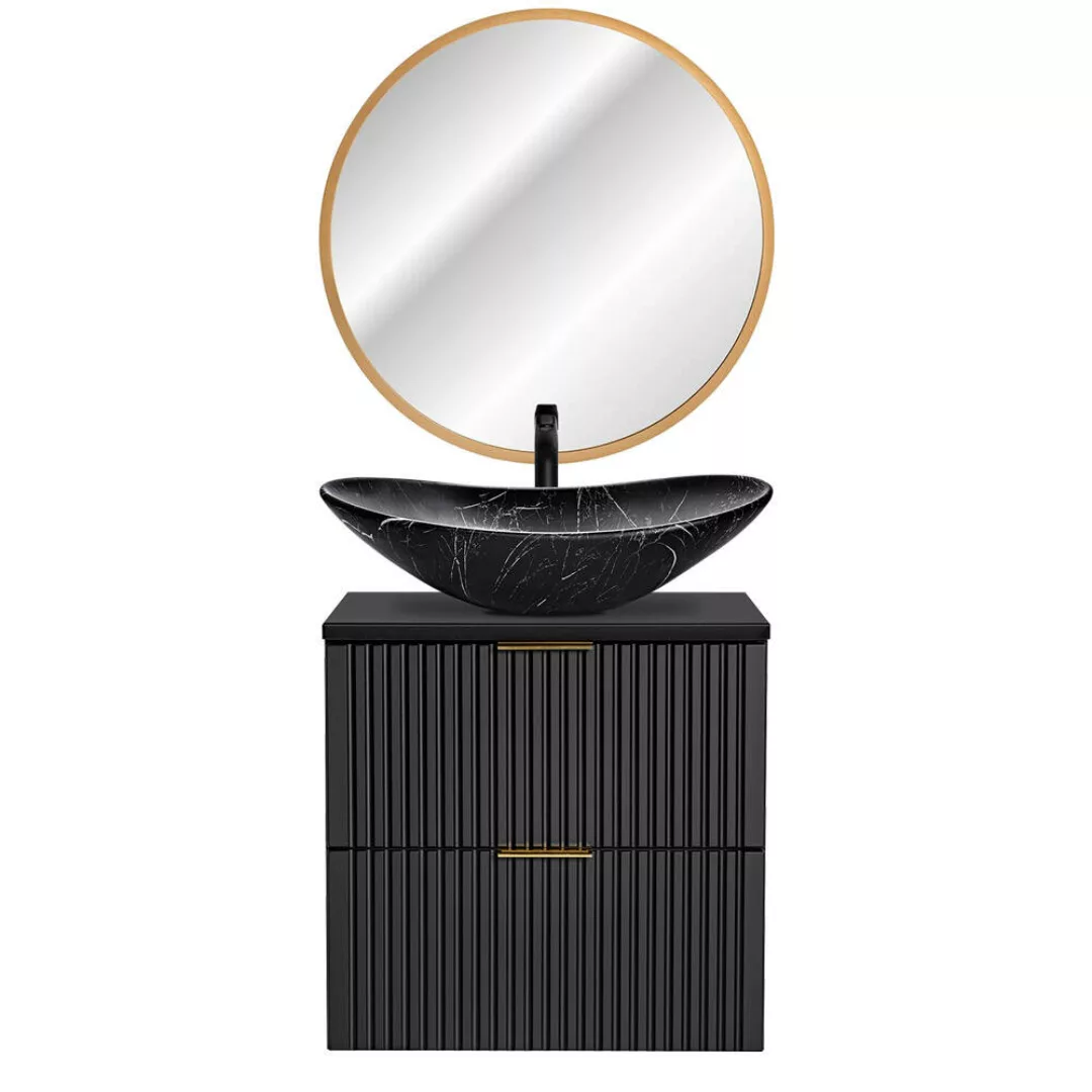 Waschplatz Set mit marmoriertem Keramik-Aufsatzbecken und LED-Spiegel, matt günstig online kaufen