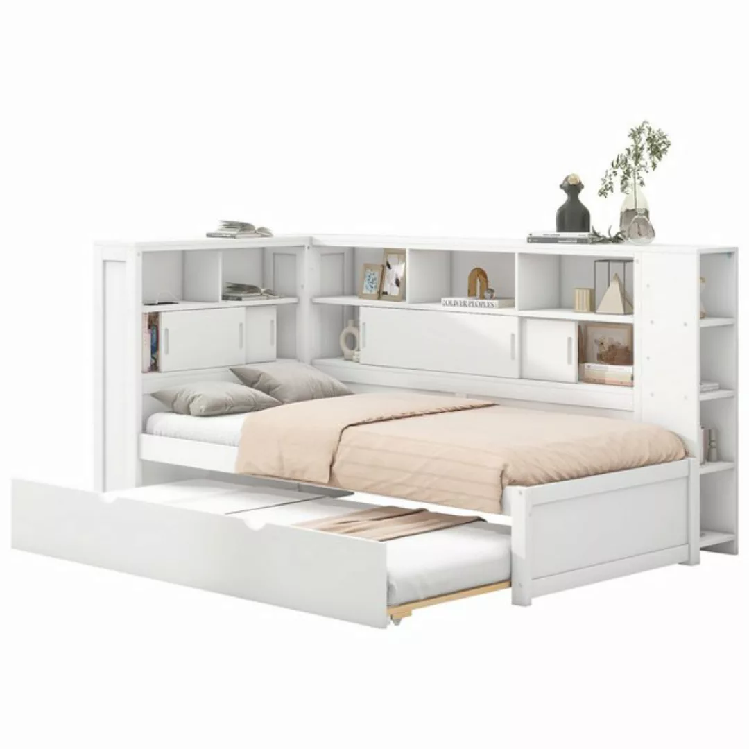 OKWISH Stauraumbett Holzbett Einzelbett Kinderbett mit Ausziehbett, mit Sta günstig online kaufen