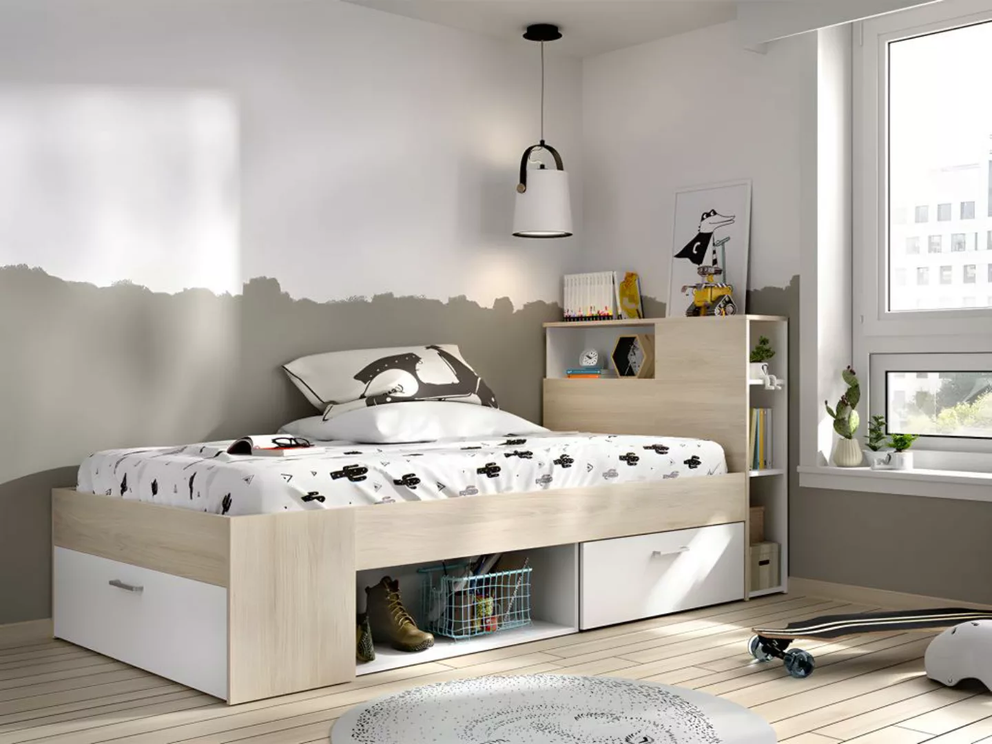 Bett mit Kopfteil, Stauraum & Schublade - 90 x 190 cm + Matratze + Lattenro günstig online kaufen