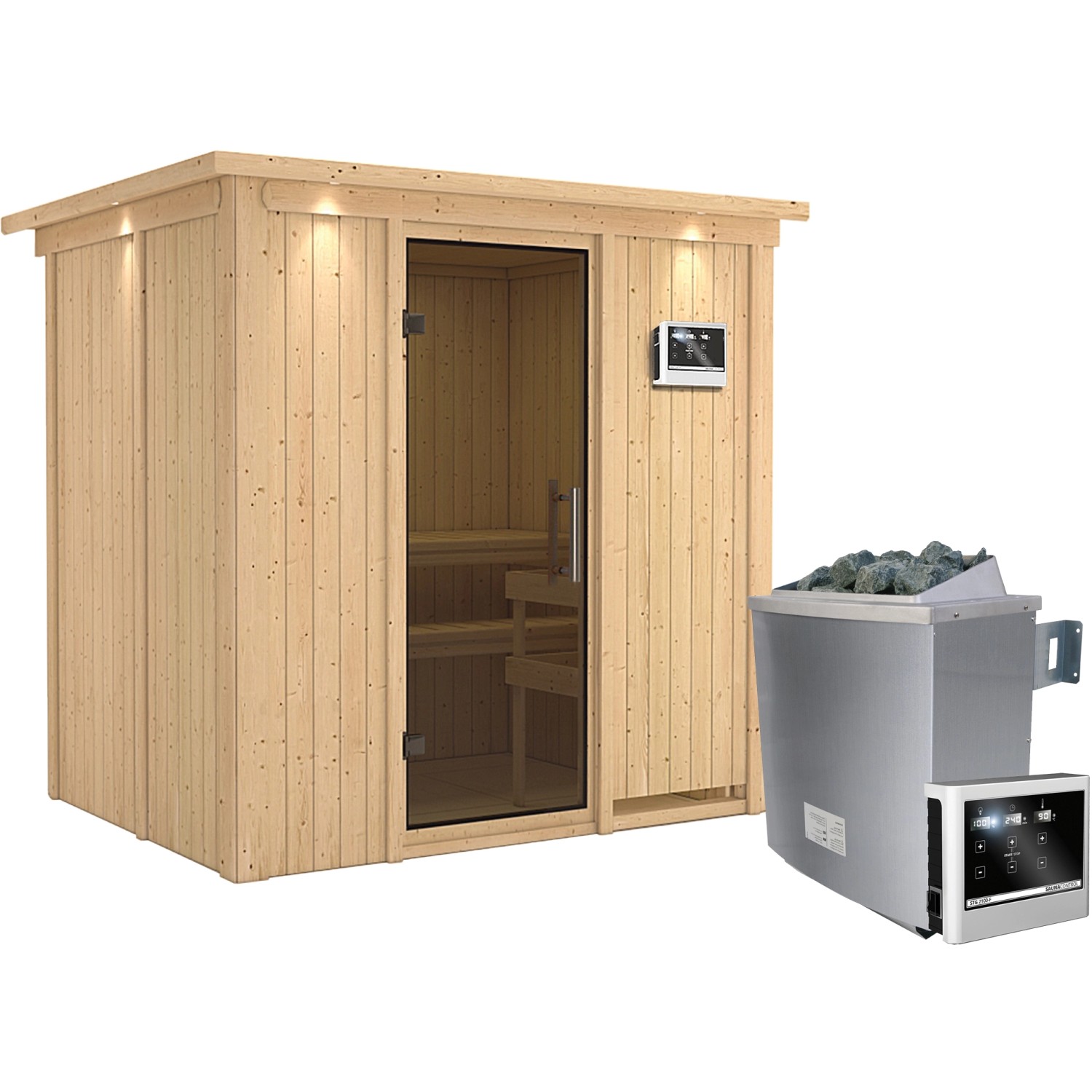 Karibu Sauna Bjarne inkl. Ofen 9 kW mit ext. Steuerung, Dachkranz, Tür Grap günstig online kaufen