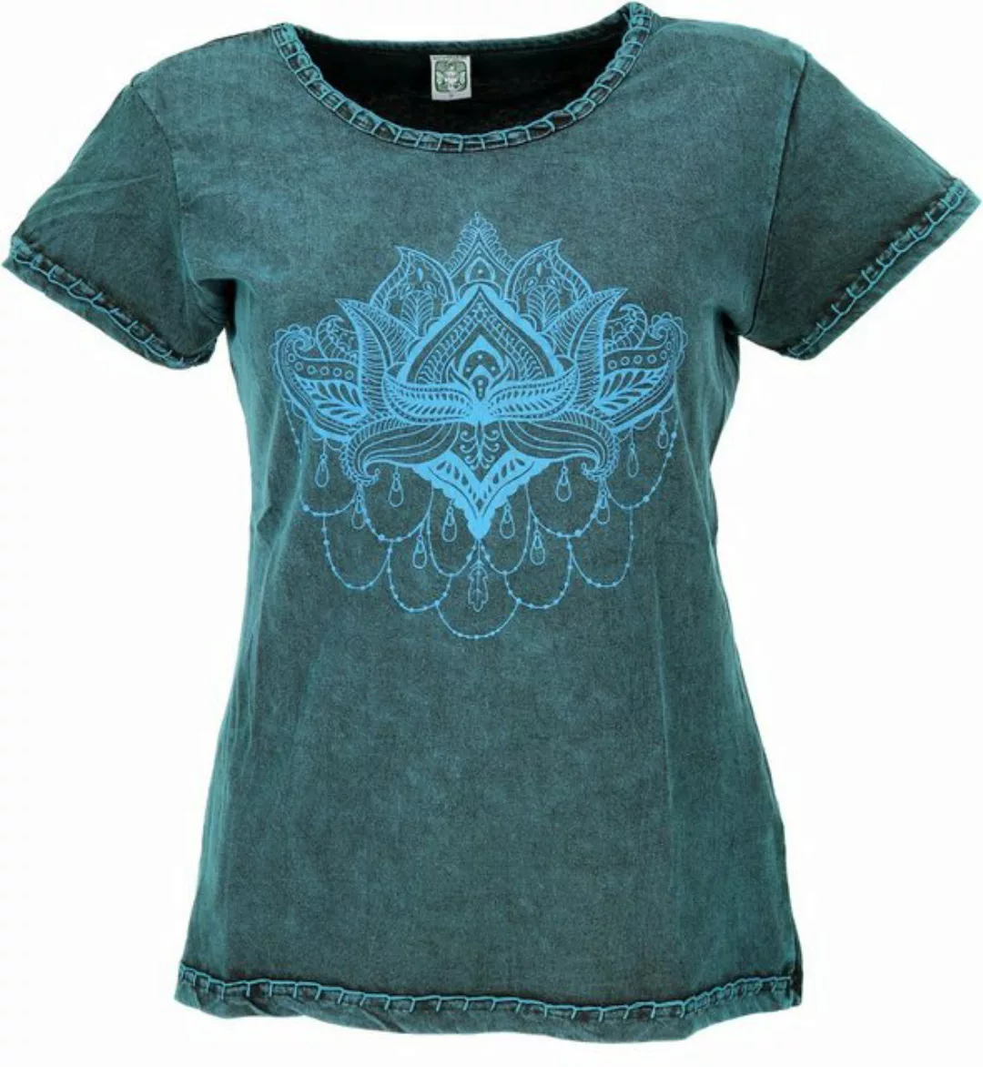 Guru-Shop T-Shirt Boho T-Shirt mit Lotusdruck, Stonewash Yoga.. Festival, E günstig online kaufen