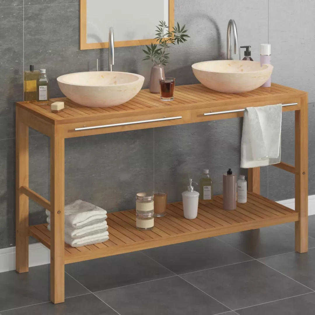 Waschtisch Massivholz Teak Mit Waschbecken Marmor Creme günstig online kaufen