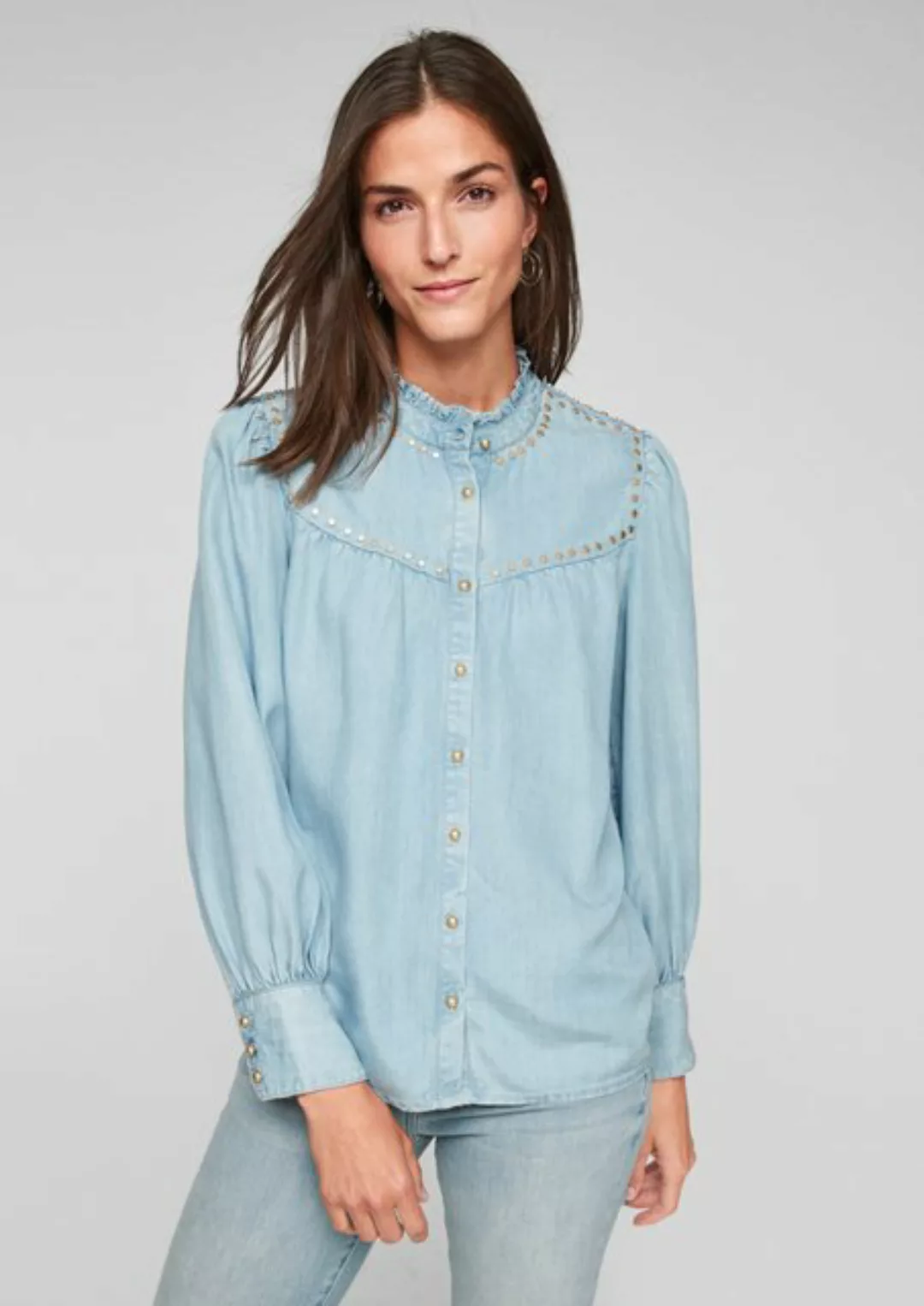 s.Oliver Langarmbluse Light Denim-Bluse mit Puffärmeln Nieten günstig online kaufen