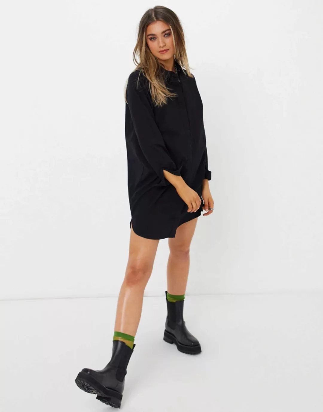 ASOS DESIGN – Mini-Hemdkleid in Schwarz aus Bio-Baumwolle günstig online kaufen