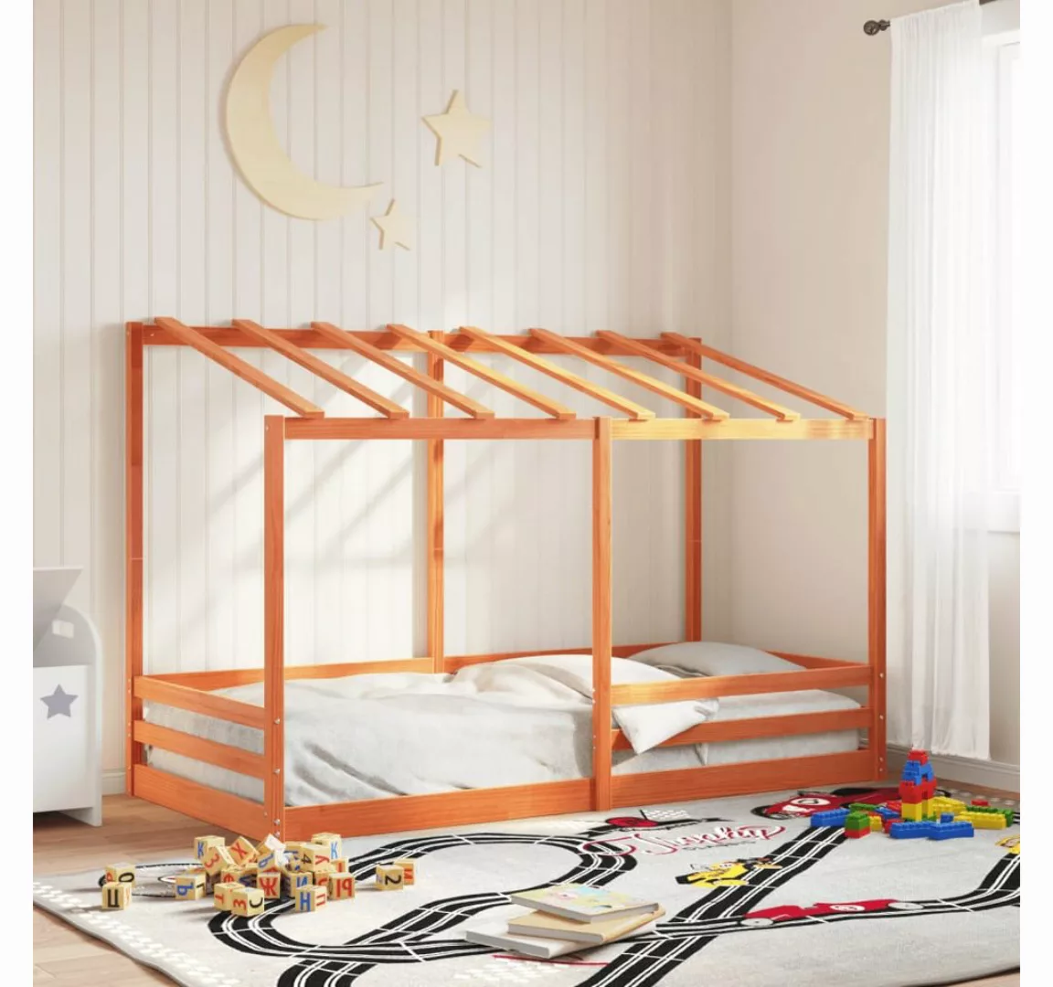 vidaXL Bett, Kinderbett mit Dach Wachsbraun 90x200 cm Massivholz Kiefer günstig online kaufen