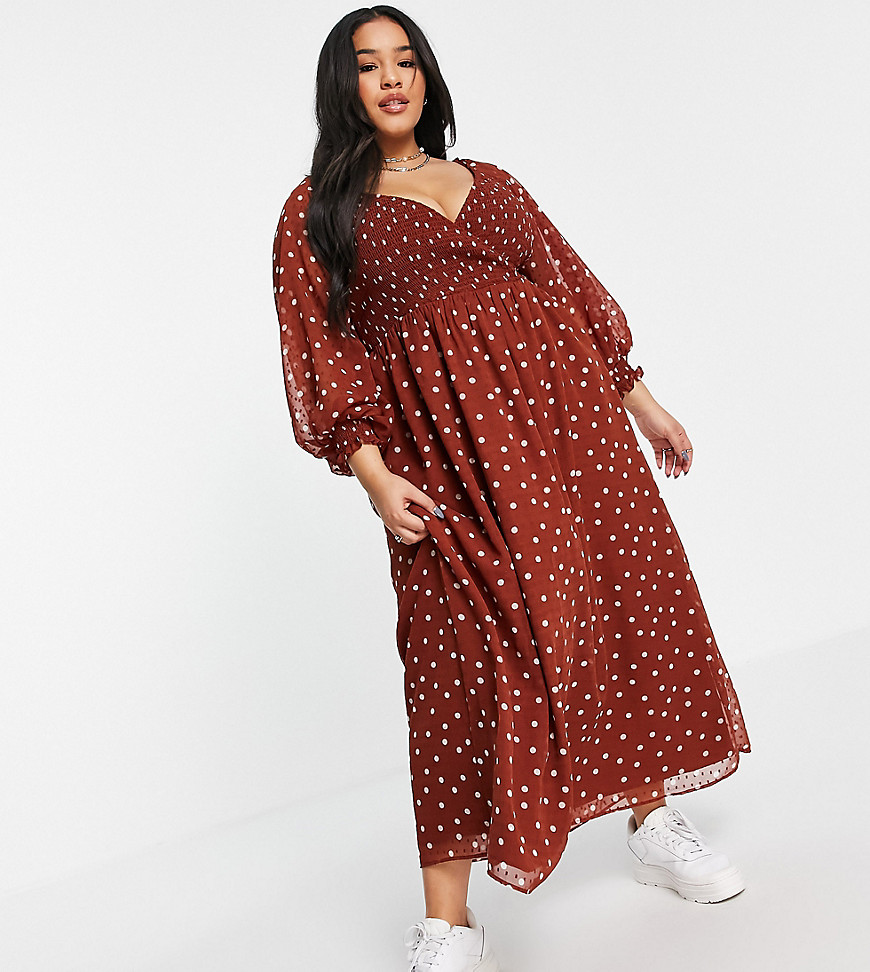 ASOS DESIGN Curve – Gerafftes Maxi-Wickelkleid aus Dobby-Stoff in Braun gep günstig online kaufen