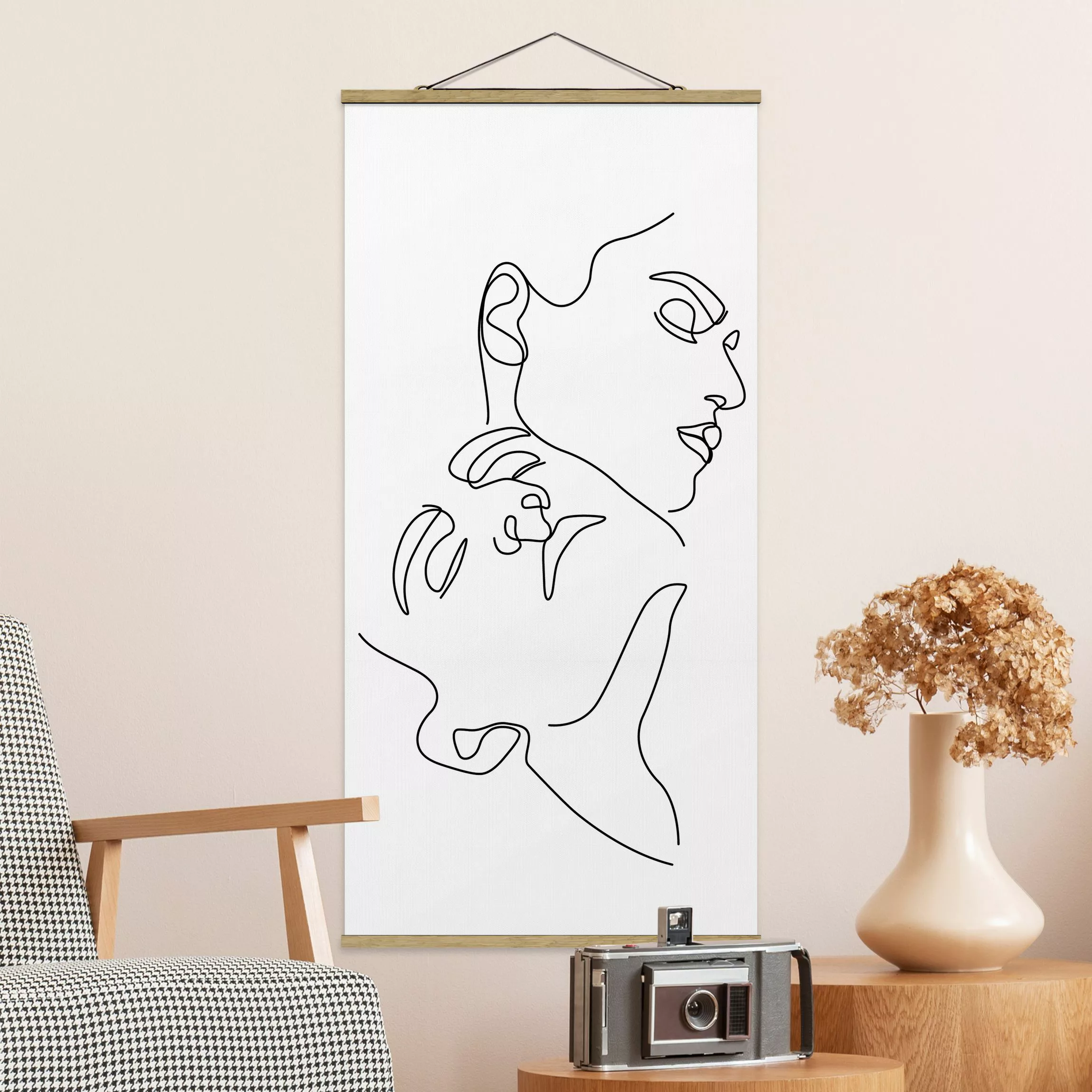 Stoffbild Abstrakt mit Posterleisten - Hochformat Line Art Frauen Gesichter günstig online kaufen