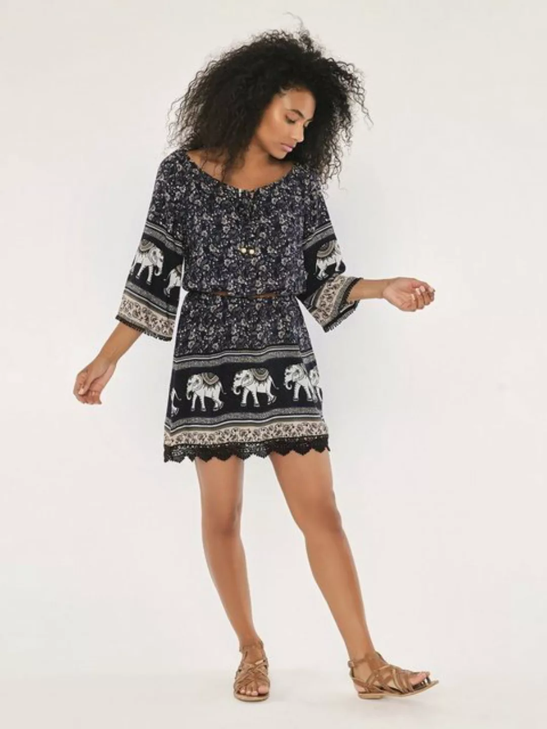 Apricot Minikleid Bardot Tribal Elephant Dress, (1-tlg., Gürtel nicht im Li günstig online kaufen