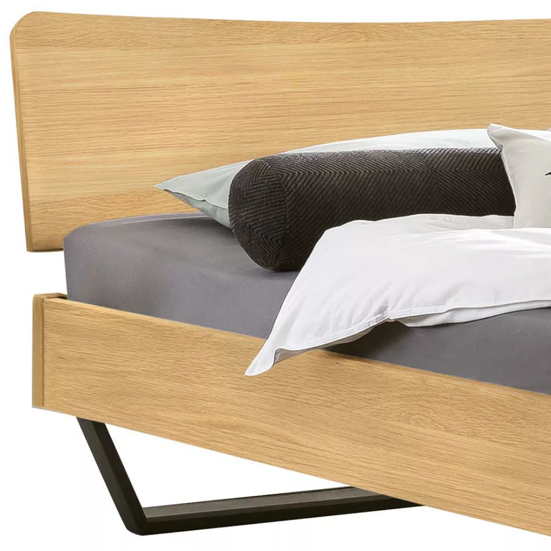 Holzbett mit Metallkufen aus Eiche Massivholz hell Stahl günstig online kaufen
