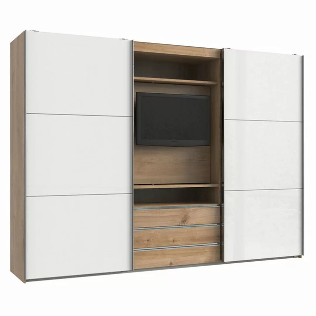 Lomadox Kleiderschrank MIDLAND-43 in Eiche Schwebetüren Glasfront weiß TV H günstig online kaufen