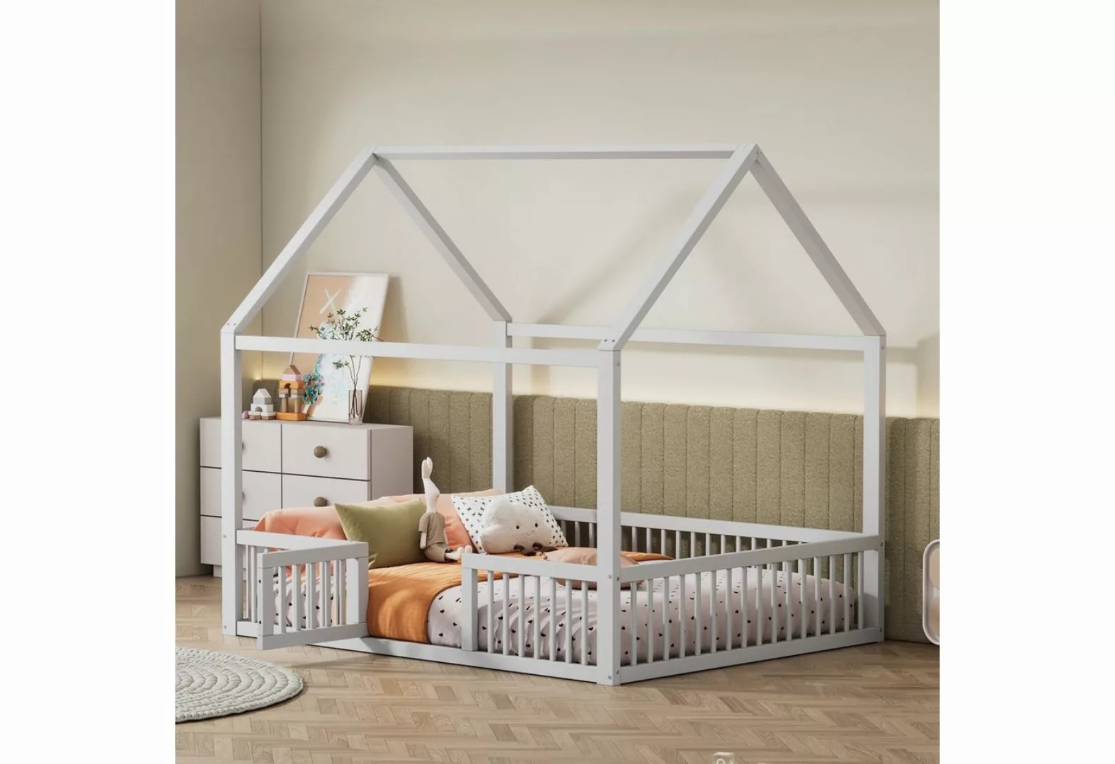 Flieks Massivholzbett, Kinderbett Doppelbett Hausbett mit Sicherheitsgitter günstig online kaufen