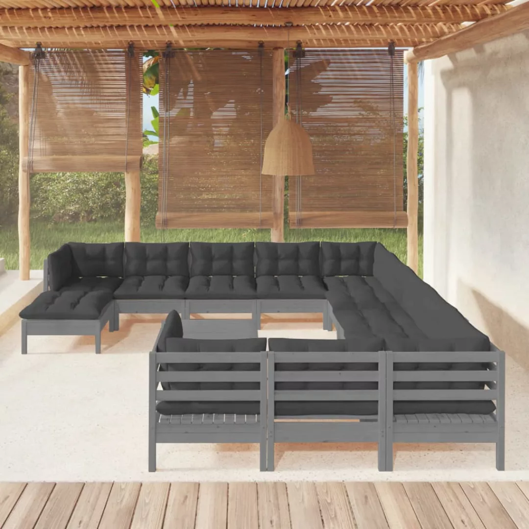 13-tlg. Garten-lounge-set Mit Kissen Grau Kiefernholz günstig online kaufen