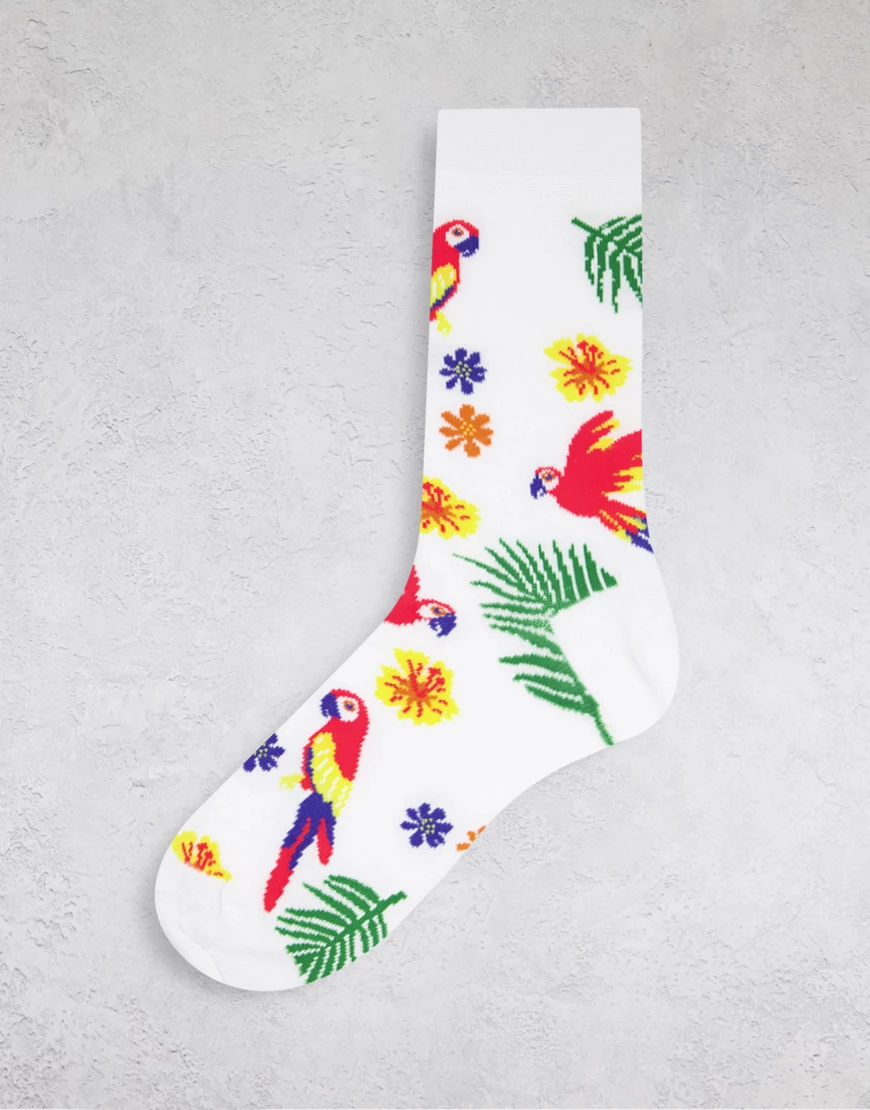 ASOS DESIGN – Knöchelsocken in Weiß mit tropischem Papageien-Design-Bunt günstig online kaufen