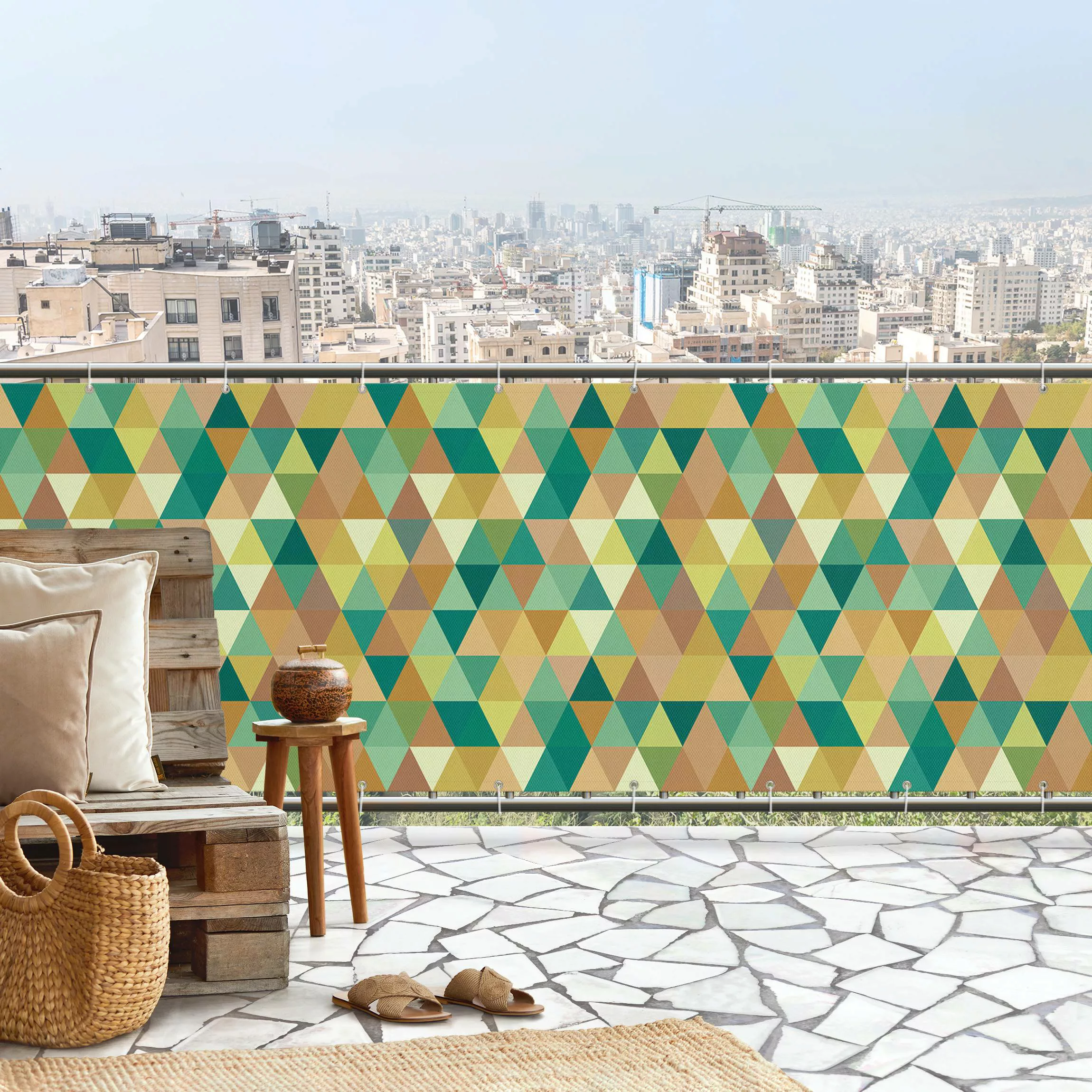 Balkon Sichtschutz Warmgrünes Dreieck-Muster günstig online kaufen