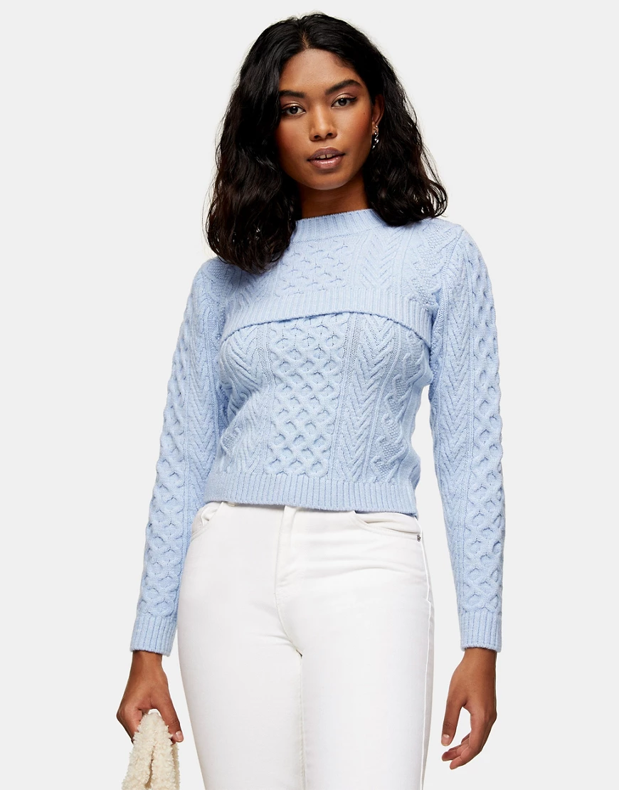 Topshop – Strickpullover und -trägertop mit Zopfmuster-Blau günstig online kaufen