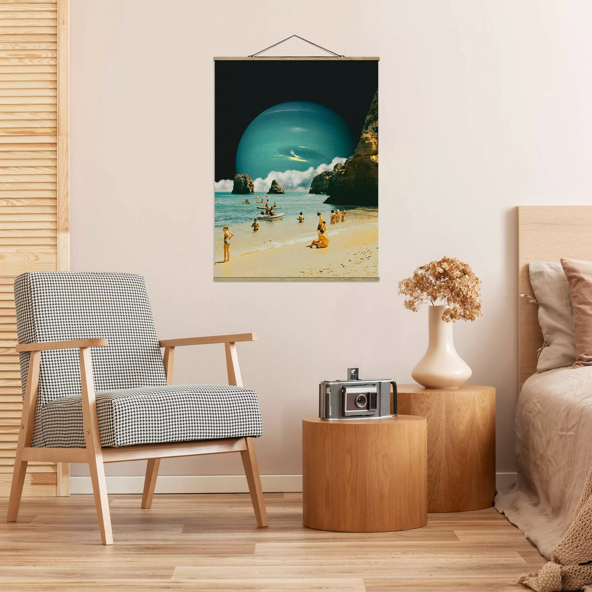 Stoffbild mit Posterleisten Retro Collage - Weltraum Strand günstig online kaufen