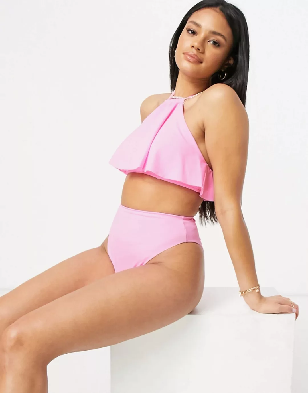 ASOS DESIGN – Bikinihose mit hoher Taille und hohem Beinausschnitt in Rosa günstig online kaufen