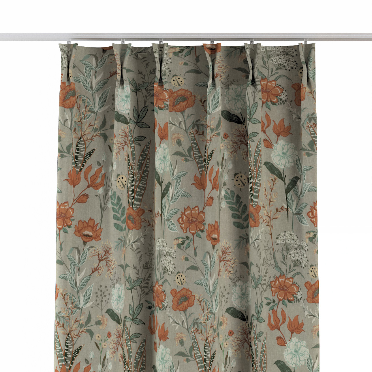 Vorhang mit flämischen 2-er Falten, grau-orange-grün, Flowers (143-70) günstig online kaufen