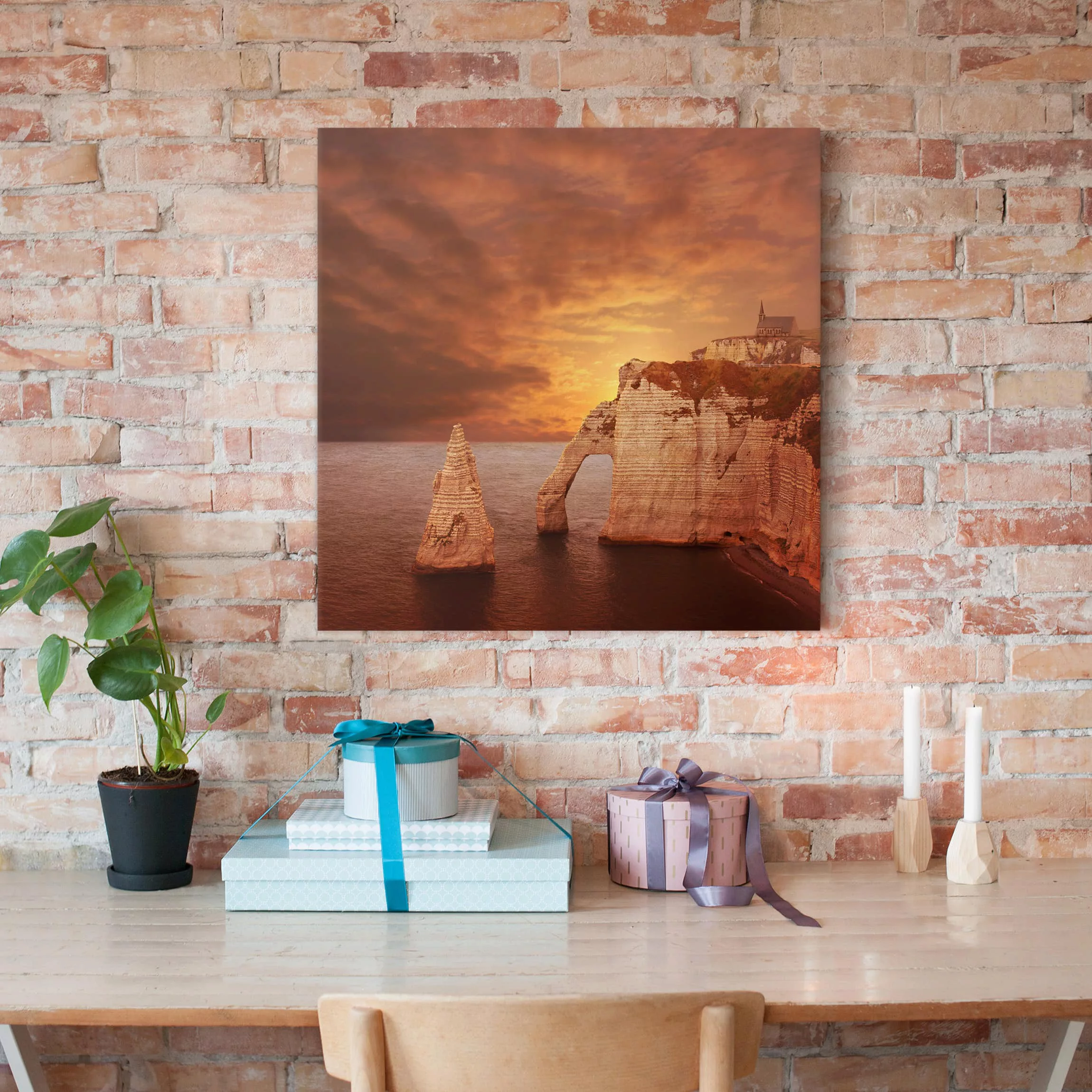 Leinwandbild Sonnenuntergang - Quadrat Etretat Sunset Cliffs günstig online kaufen