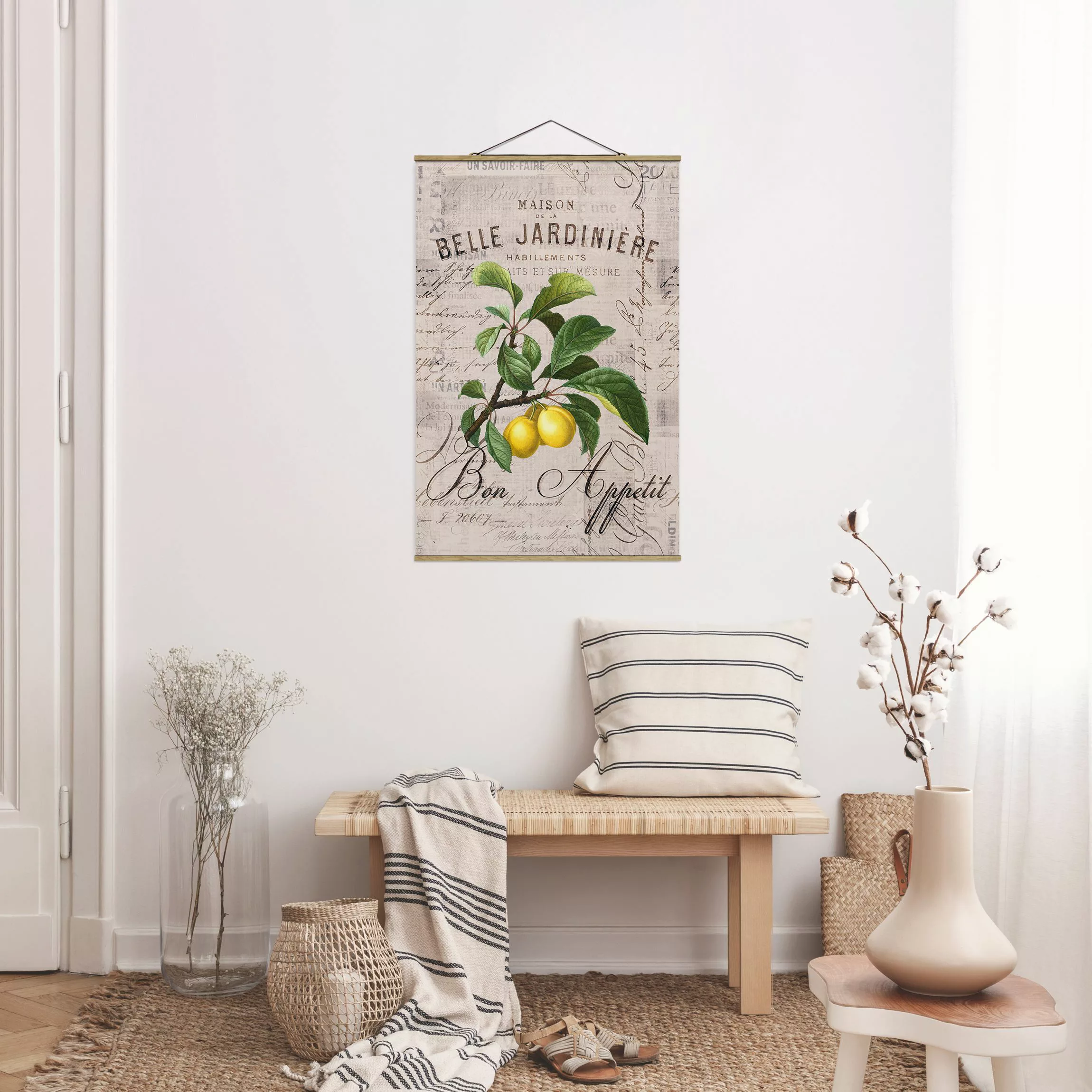 Stoffbild Blumen mit Posterleisten - Hochformat Shabby Chic Collage - Pflau günstig online kaufen