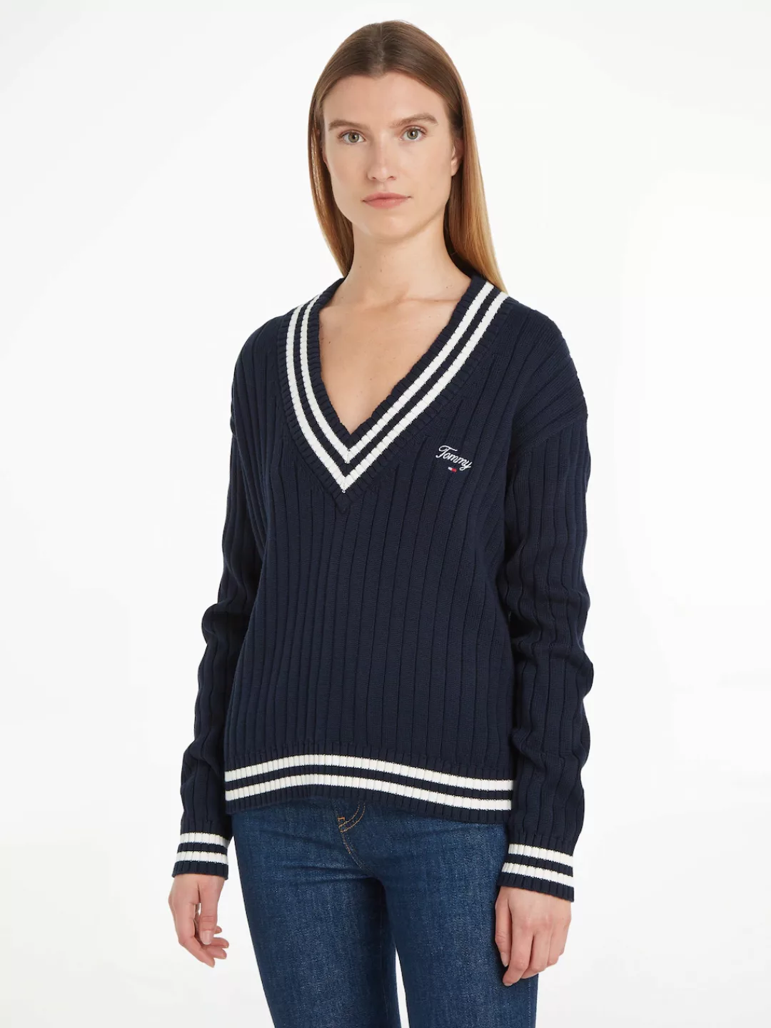 Tommy Jeans Strickpullover "TJW SCRIPT V NECK RIB SWEATER" günstig online kaufen