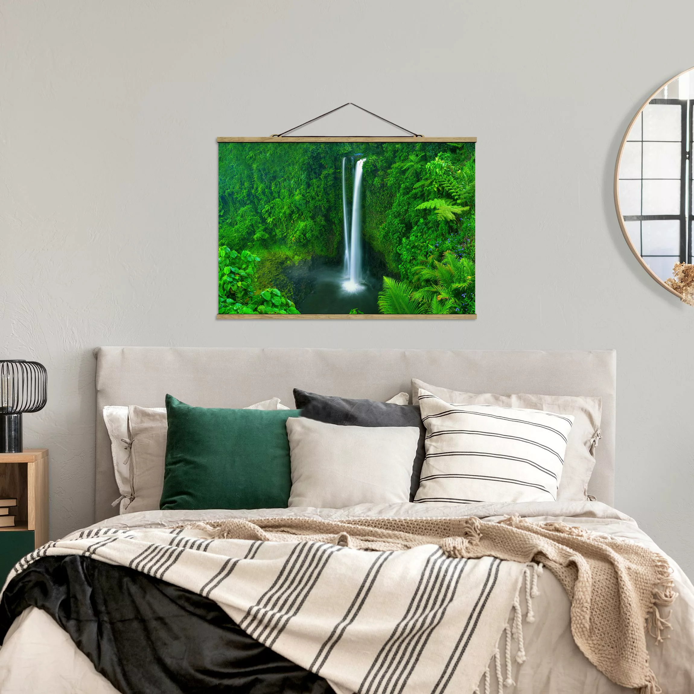 Stoffbild Wald mit Posterleisten - Querformat Paradiesischer Wasserfall günstig online kaufen