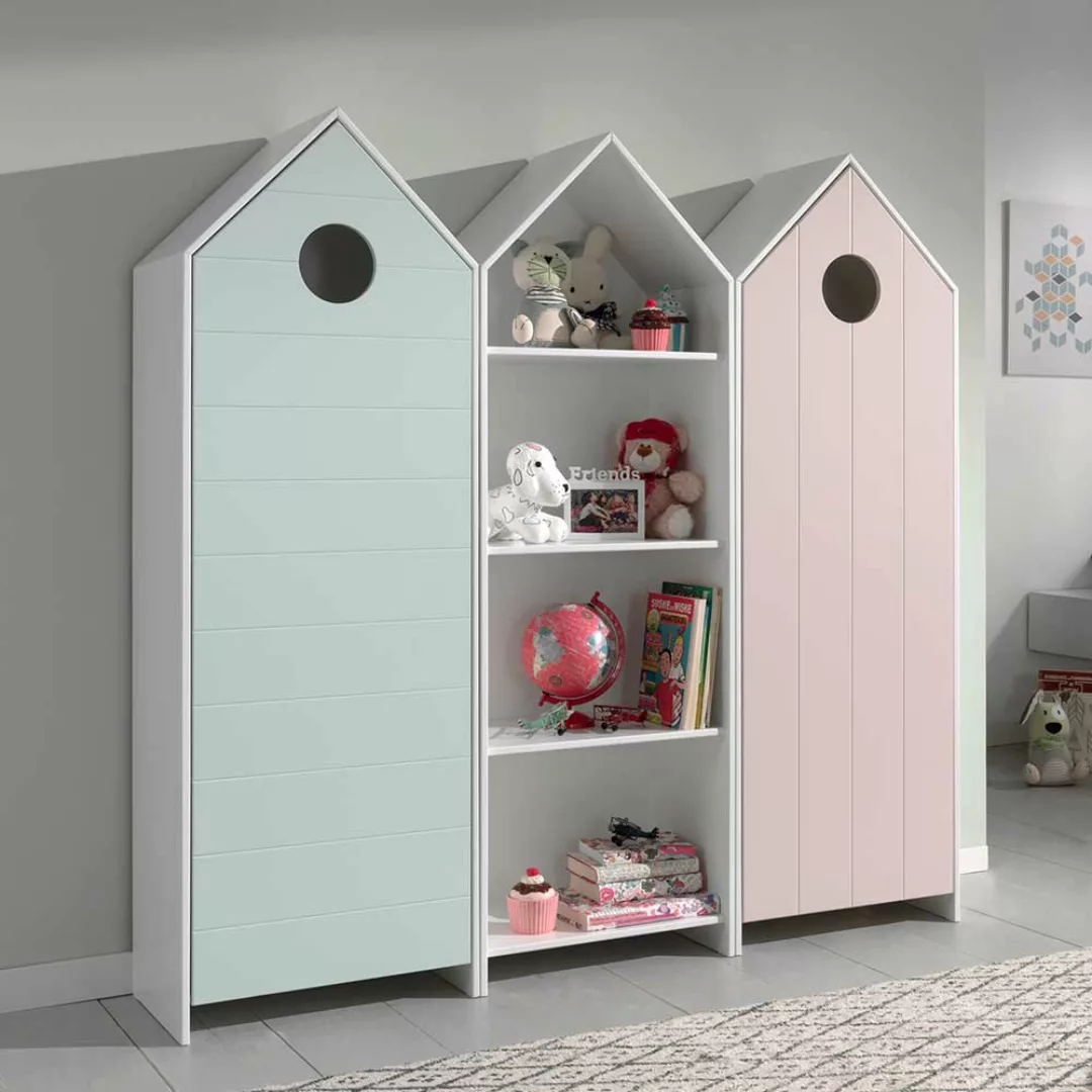 Kinderzimmerkleiderschrank Set in Mintgrün und Rosa Regal in Weiß (dreiteil günstig online kaufen