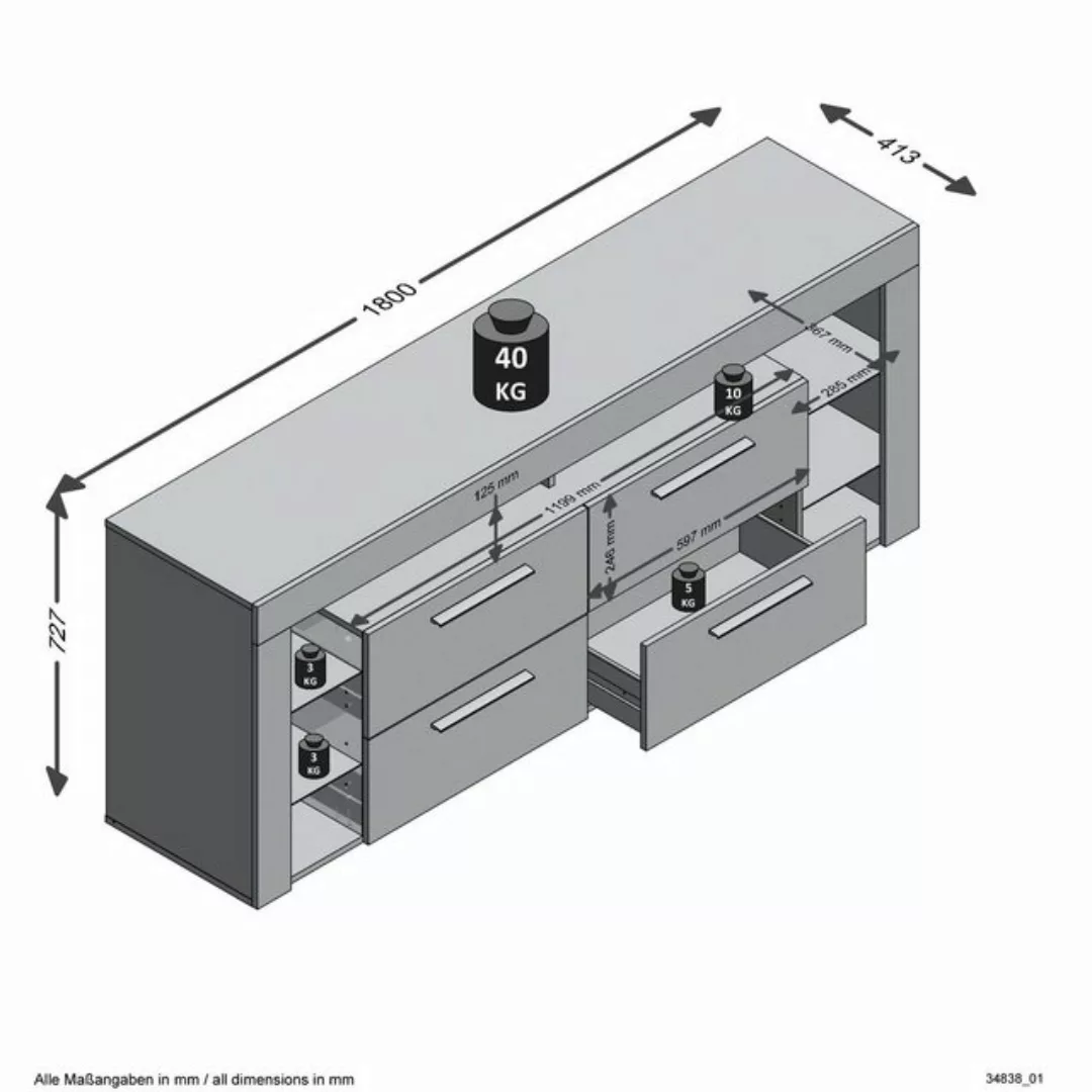 PREISBRECHER TV-Schrank VIBIO 3 in weiß Edelglanz-hochlanz weiß - 180x72,7x günstig online kaufen